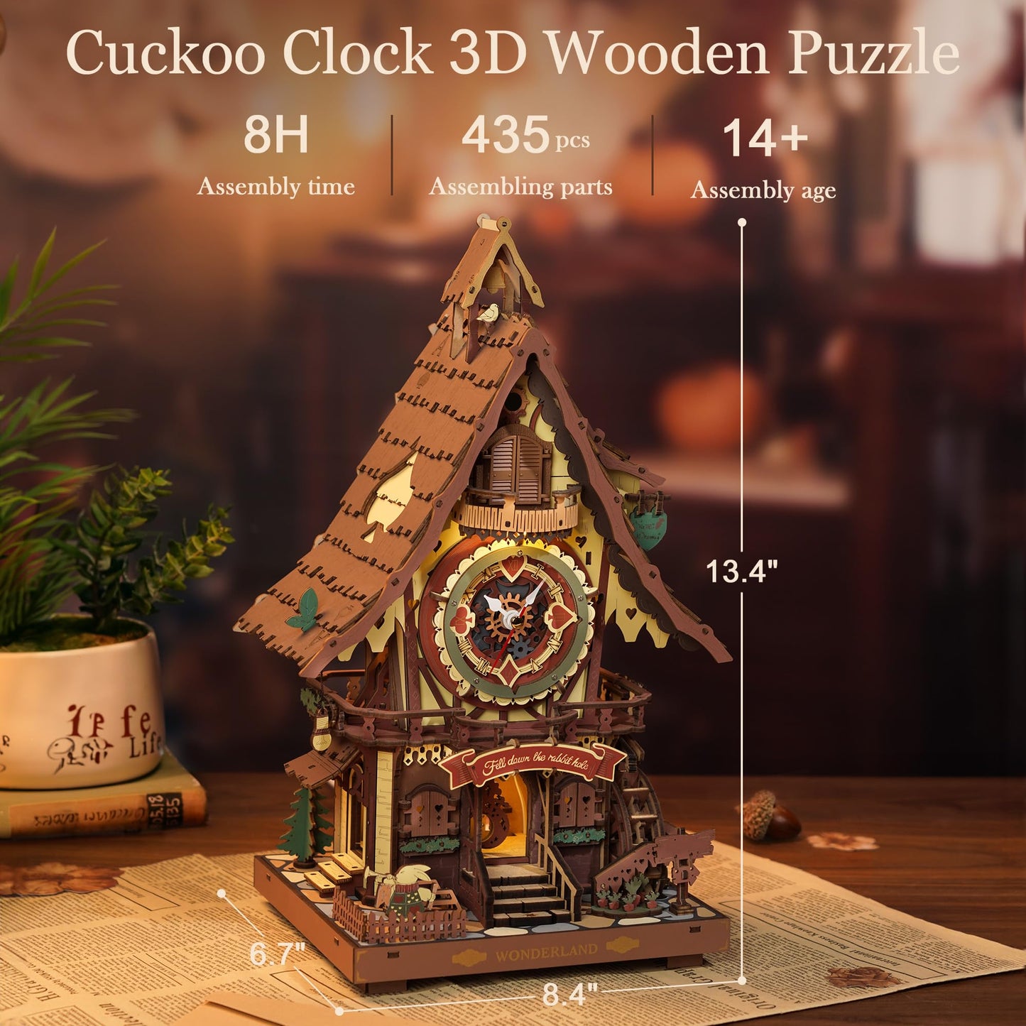 ROBOTIME 3D Wooden Puzzles for Adults-Cuckoo Clock Wooden Models for Adults to Build-435 Piece Model Kit with 2 Lights-Gift for Craft Enthusiast Model Building Set (Colourful)