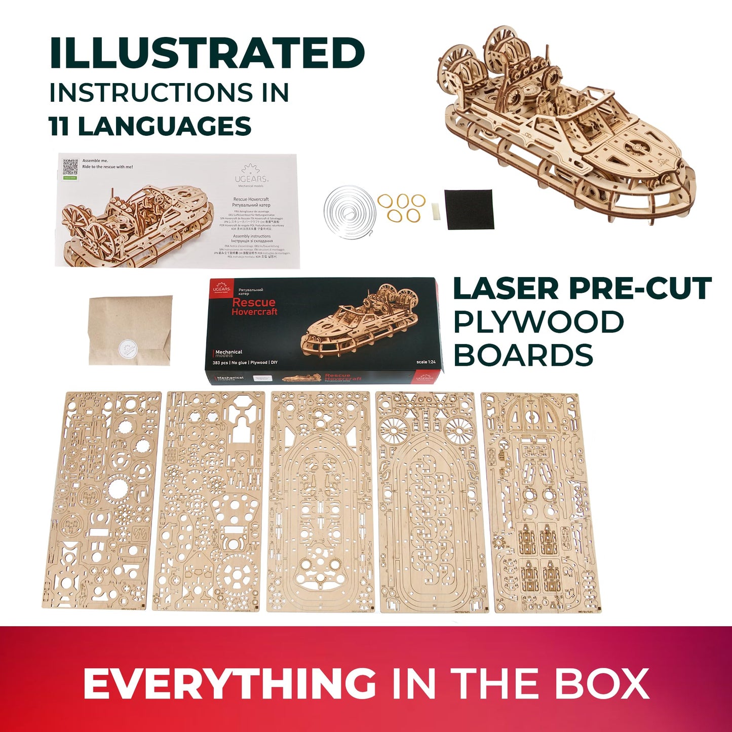 UGEARS Rescue Hovercraft - Boat Model Kits for Adults - 3D Wooden Puzzle Ship - Wood Model Boat Kits to Build - Premium Model Boats Kits with Intricate Design to Build for Adults