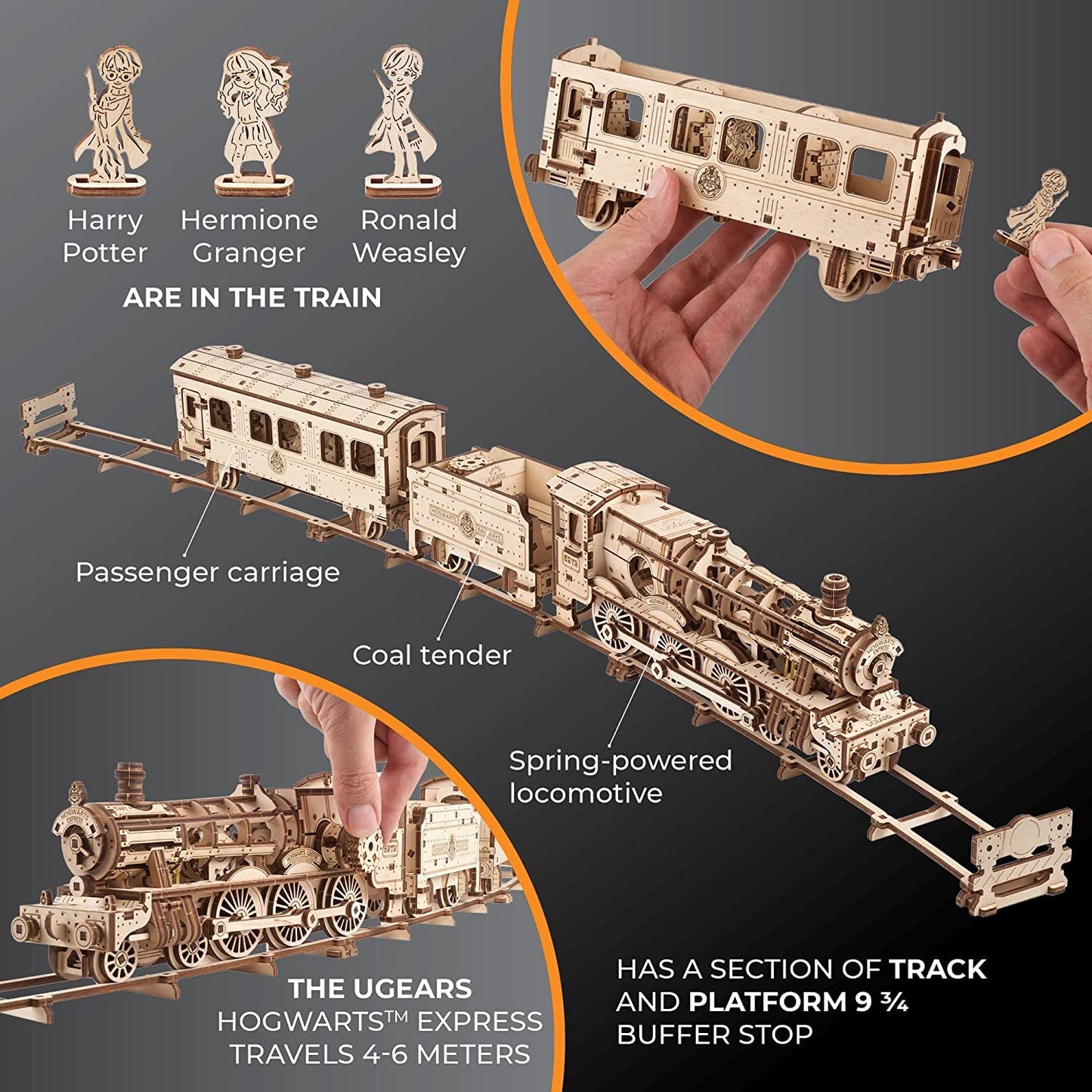 UGEARS Harry Potter Hogwarts Express 3D Puzzles for Adults to Build - Model Kits for Building Model Train Set - 3D Wooden Puzzle Includes Train, Tracks, Tender, Carriage and 3 Figurines