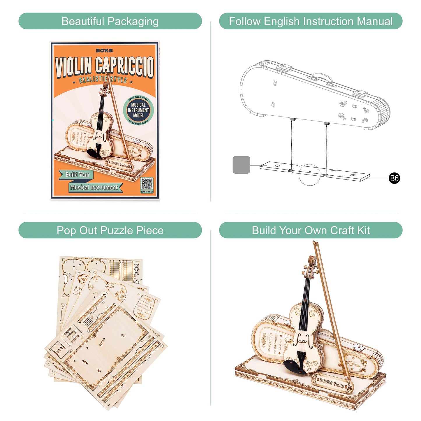 ROKR Wooden 3D Puzzles for Adults Violin, Musical Instrument Model Kit 3D Puzzles for Teens and Kids to Build, Desk Decor/DIY Hobbies/Gifts for Family and Friends (Violin)