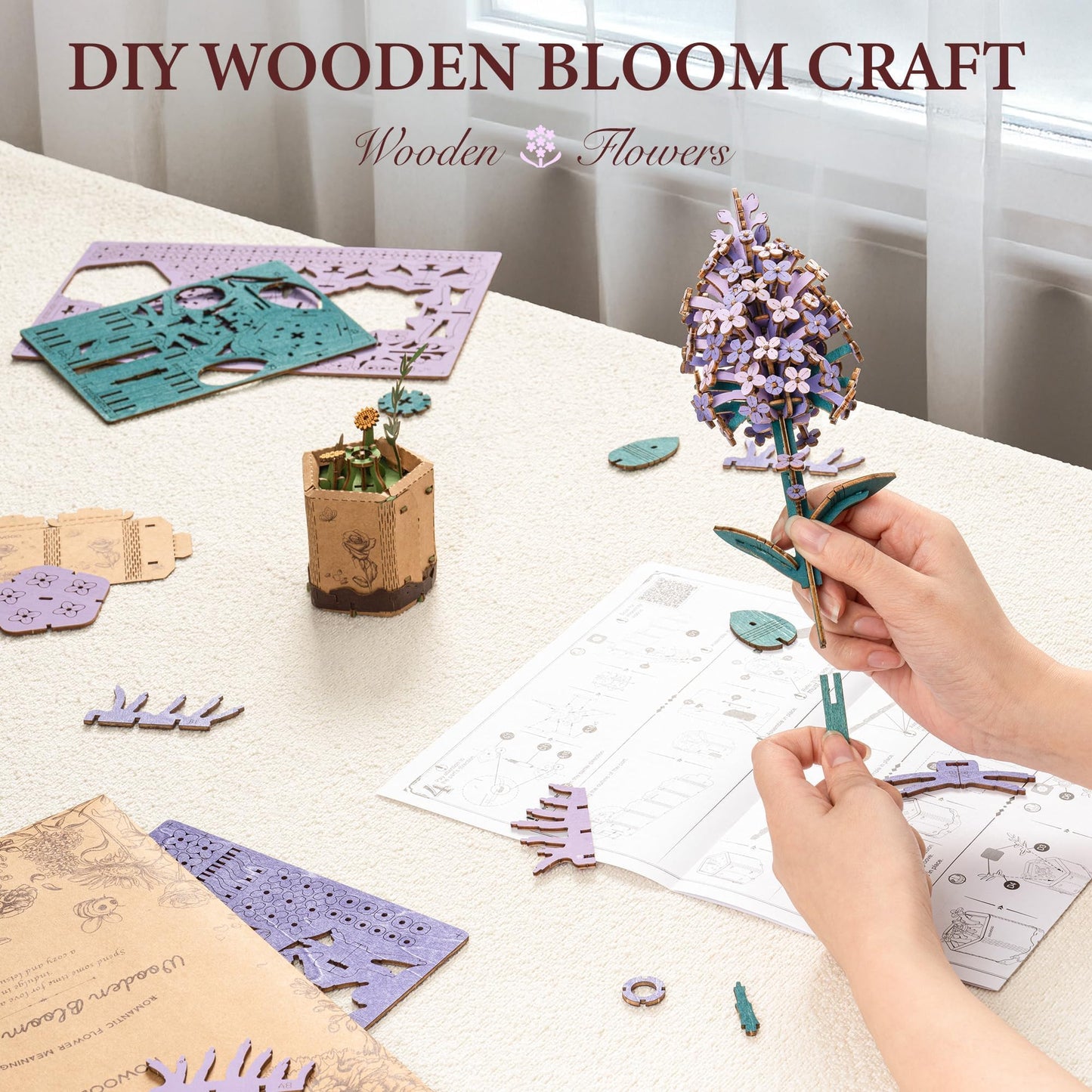 ROBOTIME Wooden Flower 3D Puzzle TW021 Lilac, Purple Gifts Idea, 30-Minute Crafts for Adults & Teens, Artificial Flower Decorations, Birthday/Valentine's Day