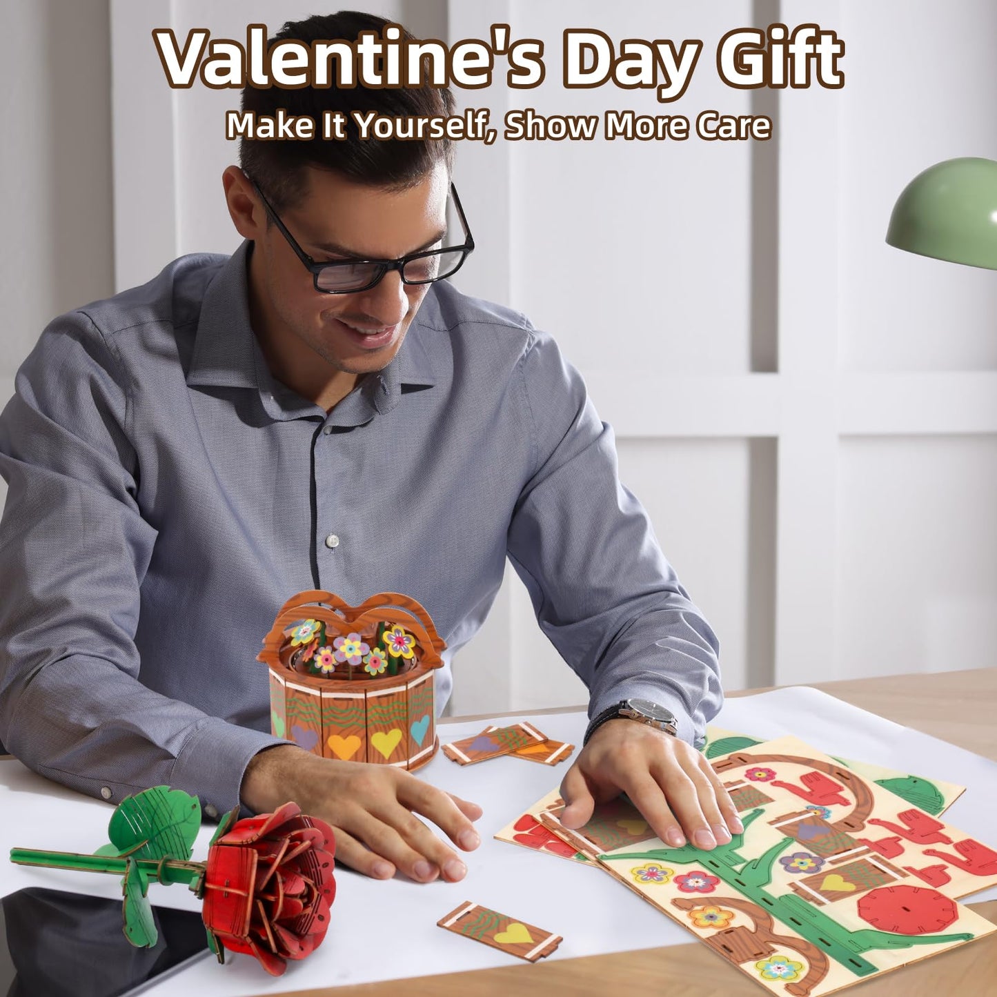 MIEBELY 3D Wooden Puzzles for Adults, Light Up 3D Puzzle Flower Rose Building Puzzle with Music Box, 216 pcs Craft Birthday Gift for Adult and Teen