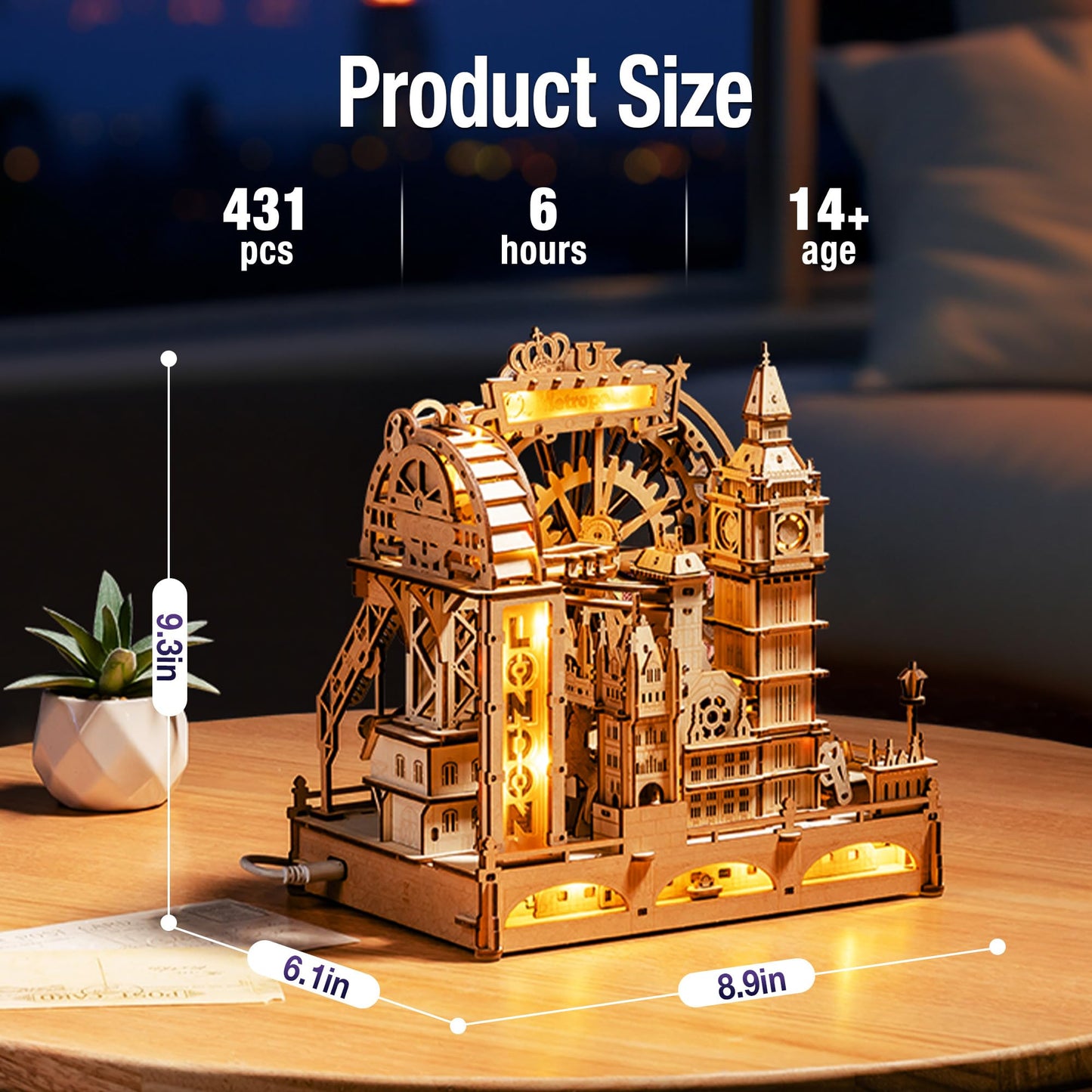 ROKR Marble Travel London, 3D Wooden Puzzles for Adults, Marble Run Kit Adults to Build, 3D Wooden Puzzle with LED, Unique Gift for Men Women