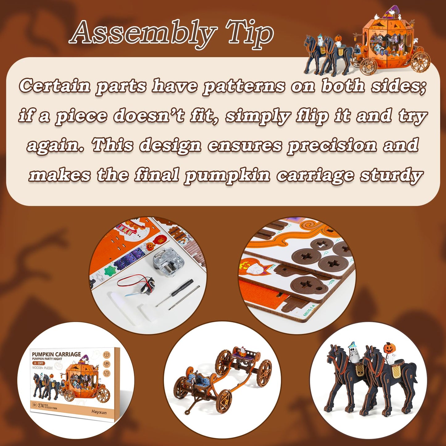 Halloween 3D Wooden Puzzles for Adults, 274 PCS Pumpkin Carriage Puzzle Kit Model with Lights, Music Box & Running Carriage, Boo Basket Stuffers Halloween Toy Gift for Teens, Men & Women