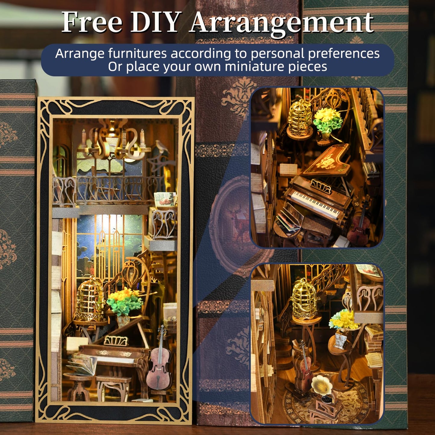 CCCDF Book Nook Kit, DIY Miniature Dollhouse Booknook Kit, 3D Wooden Puzzle Bookend Bookshelf Insert Decor with LED Light for Teens and Adults (Pianist with Nightingale)