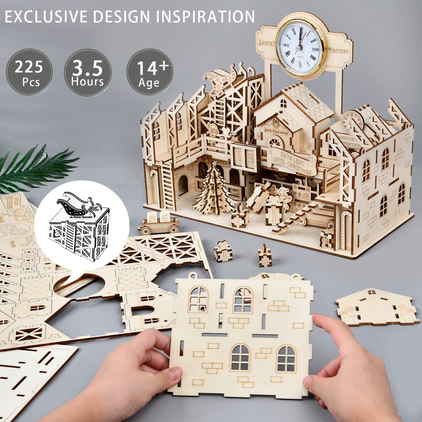 3D Wooden Puzzles for Santa's Workshop, Wood Creative Mechanical Puzzles Assembly Model Building Kits to Build for Adults & Kids, Christmas Decor Model Kit(No Battery Included)