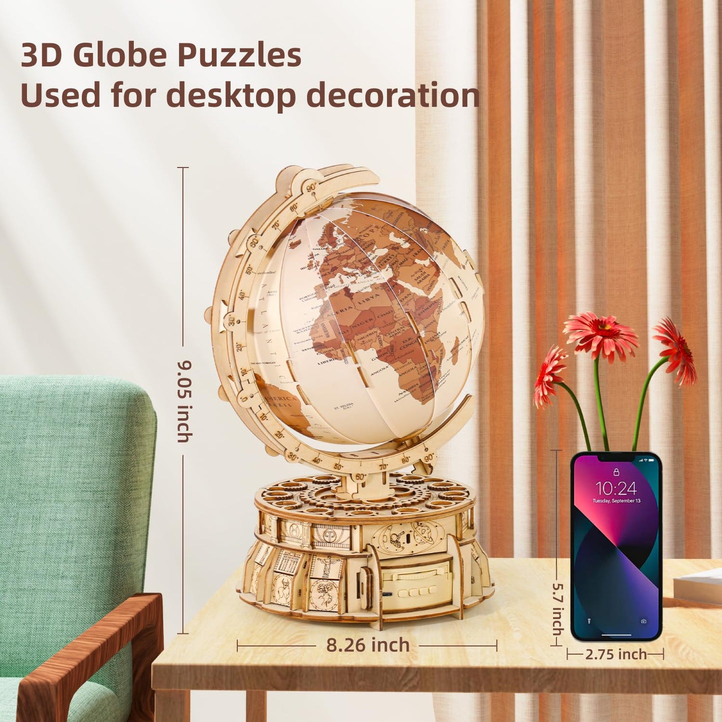 MIEBELY 3D Wooden Puzzles for Adults USB Charging Illuminated Globe Music Box DIY LED Wood Model Building Kits with Space Projector Stem Toys for Kids Desk Decor for Boys/Girls Ages 8+
