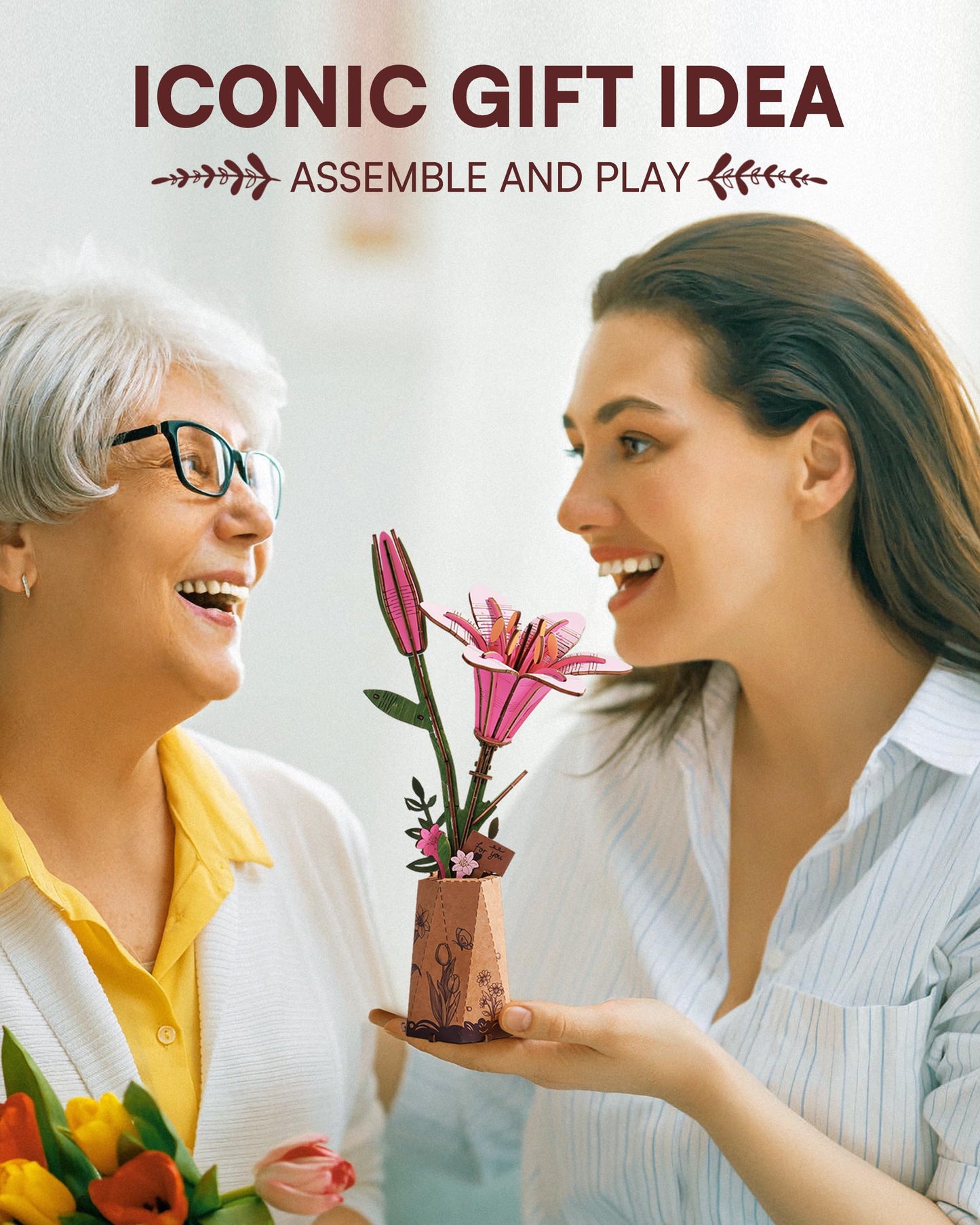 Rowood Wooden Flower Kit,DIY Artifical Flower Building Set Craft Kit for Adults,Mother's Day/Valentine's Day for Mom/Women/Grandma-Pink Lily