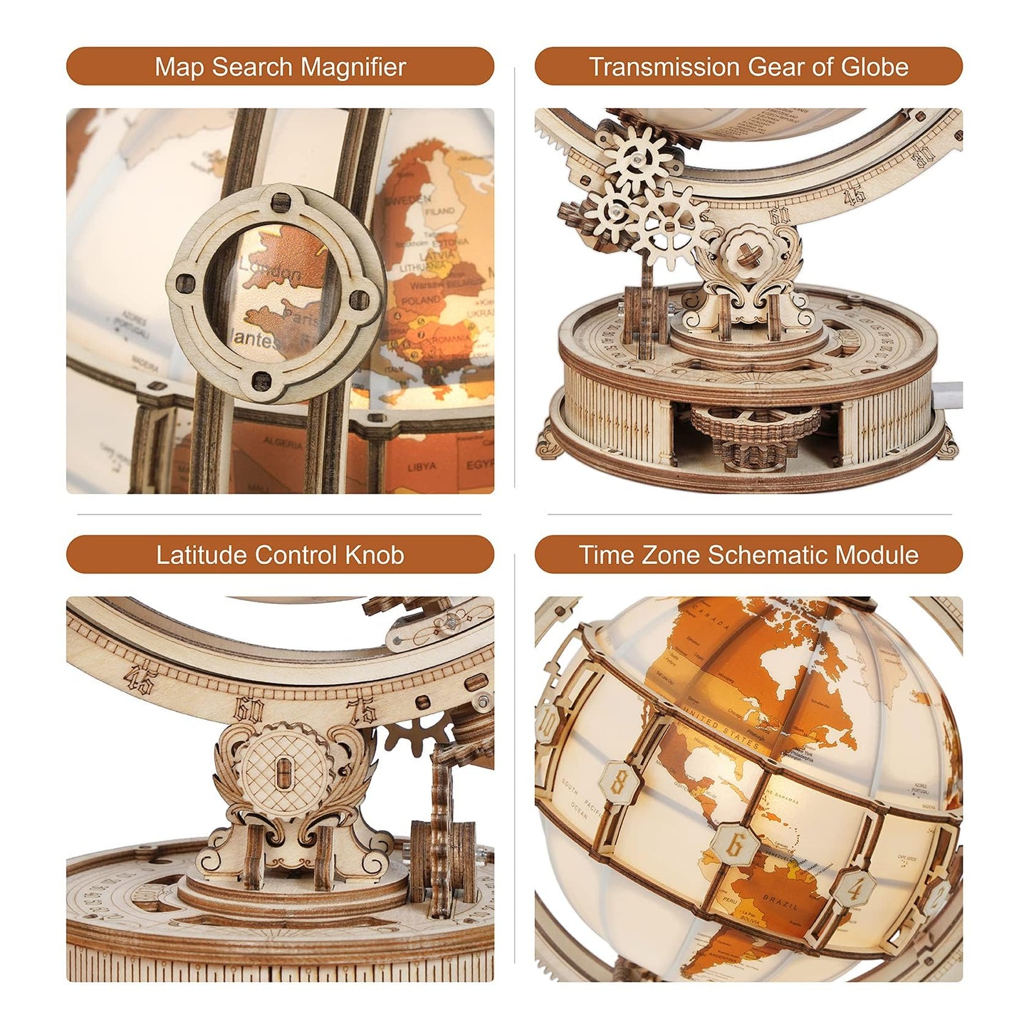 ROKR 3D Wooden Puzzles for Adults Illuminated Globe with Stand 180pcs 3D Puzzles Built-in LED Model Kit Hobby Gifts for Adults Home Decor