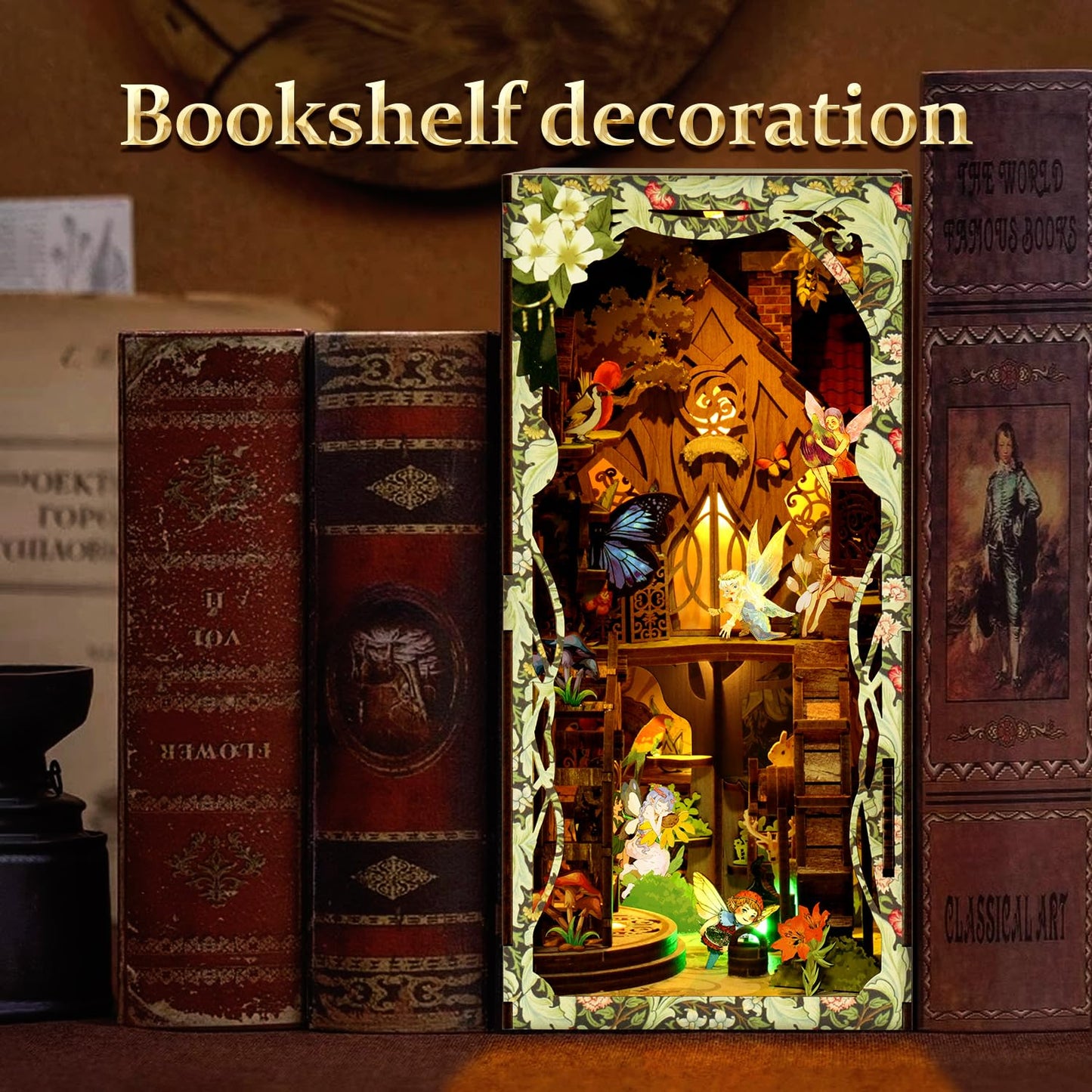 Book Nook Kit for Adult - THRIVINGIVAN Miniature Model Build Dollhouse Kit 3D Wooden Puzzle with Sensor Led Light for Bookshelf Bookend Insert Decor Adults Teen Crafts(Spirit)