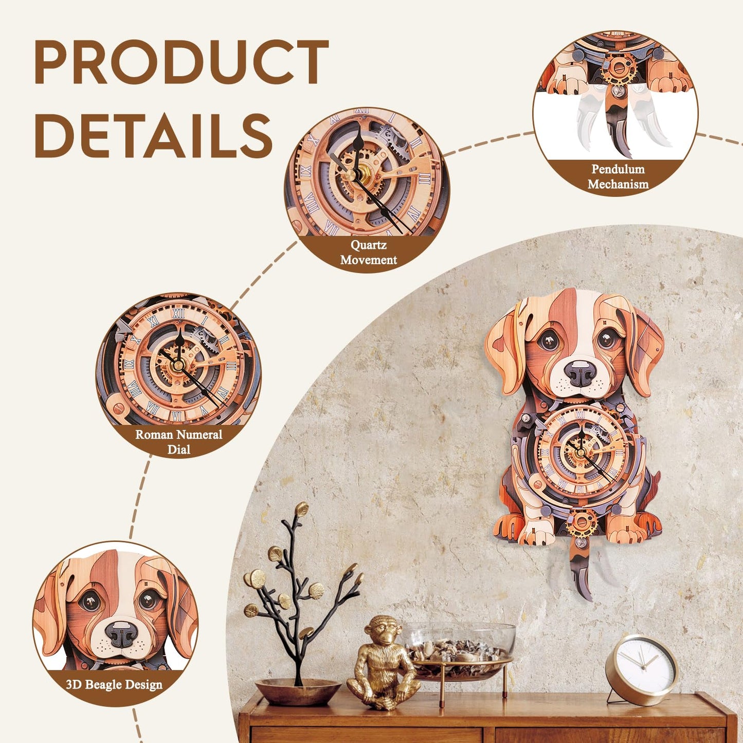 Cutywood 3D Puzzles for Adults Clock-Beagle Design Model Kit-Mechanical DIY Pendulum Clock with Roman Numerals-Desk Home Office Decor Personalized Gift for DIY Lovers