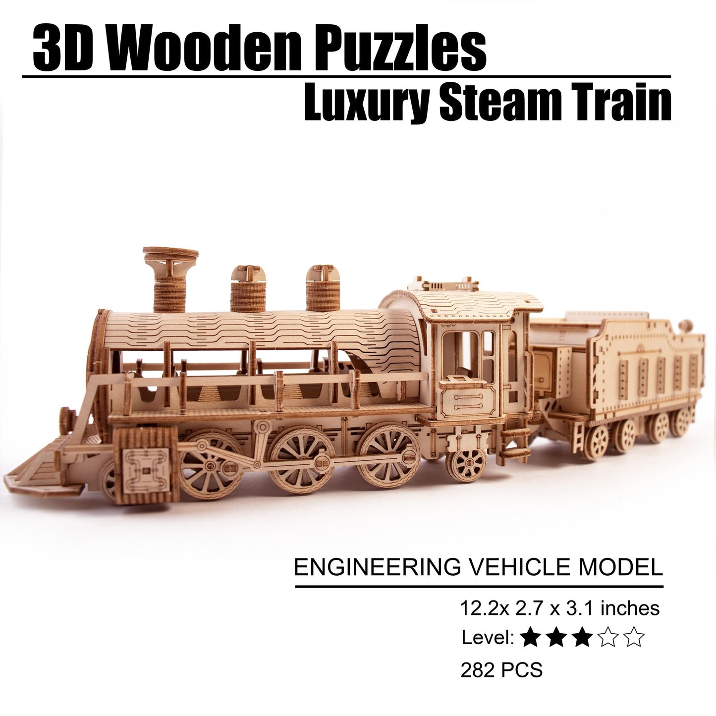 KWASVLYA 3D Wooden Puzzles, Wooden Puzzles Train for Adults and Teens, Educational Brain Teaser Assembly 3D Model Trains, Gifts for Christmas/Birthday（Luxury Steam Train）