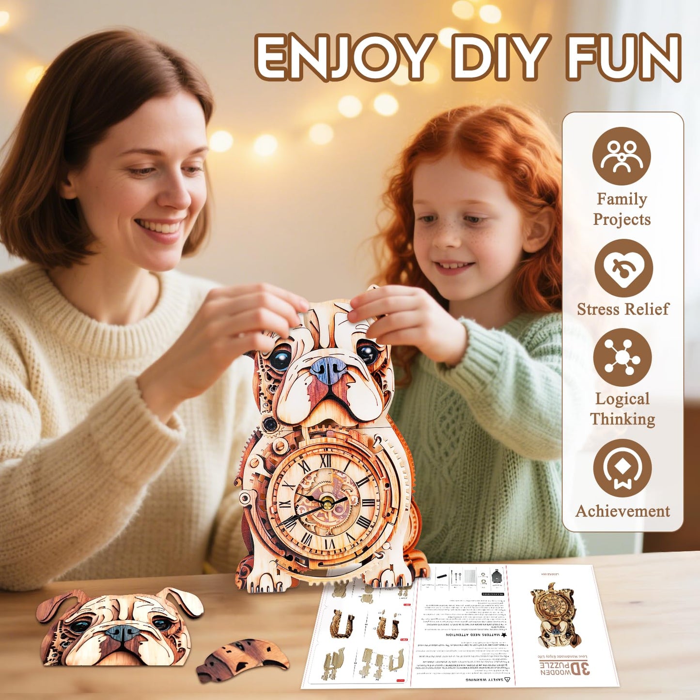 Cutywood 3D Puzzle for Adults Bulldog Clock - Mechanical DIY Wall Clock Kit Model Building Set Hobbies for Women Men Puzzle Home Decor & Stress Relief Craft Unique Gift for DIY Lovers