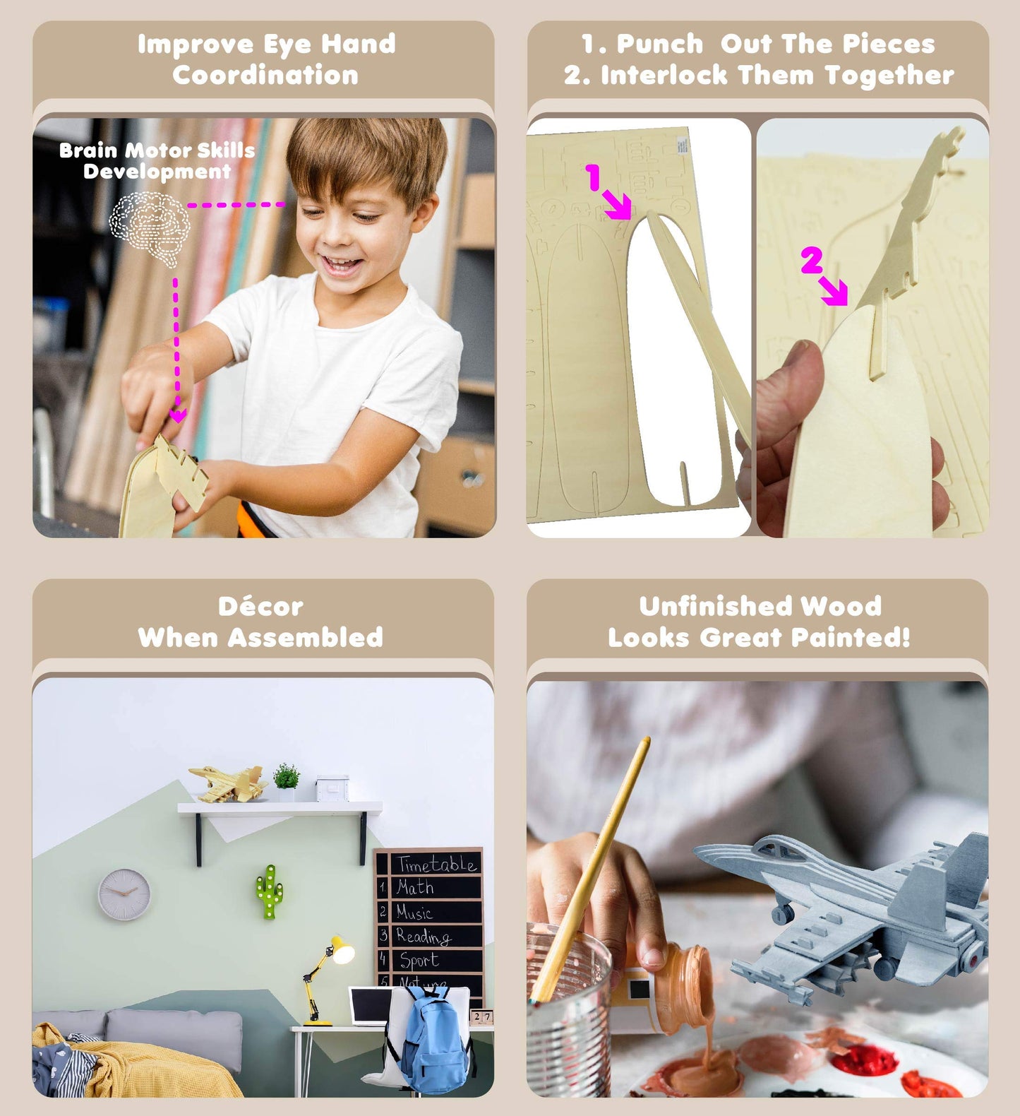 Puzzled F-18 Hornet 3D Puzzle Airplane Model Wood Building Kit - 3D Model Airplane Building Kit for Kids and Adults, Fun Educational Model Plane Kit to Paint and Build Craft 3D Model Kit - 47 Pieces