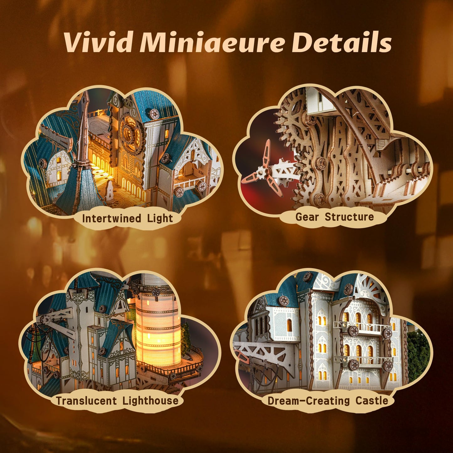 FUNPOLA 3D Wooden Puzzle Steam Castle Model – Steampunk Baroque Floating Castle DIY Building Kit with Mechanical Gears, Unique Gift for Adults and Teens