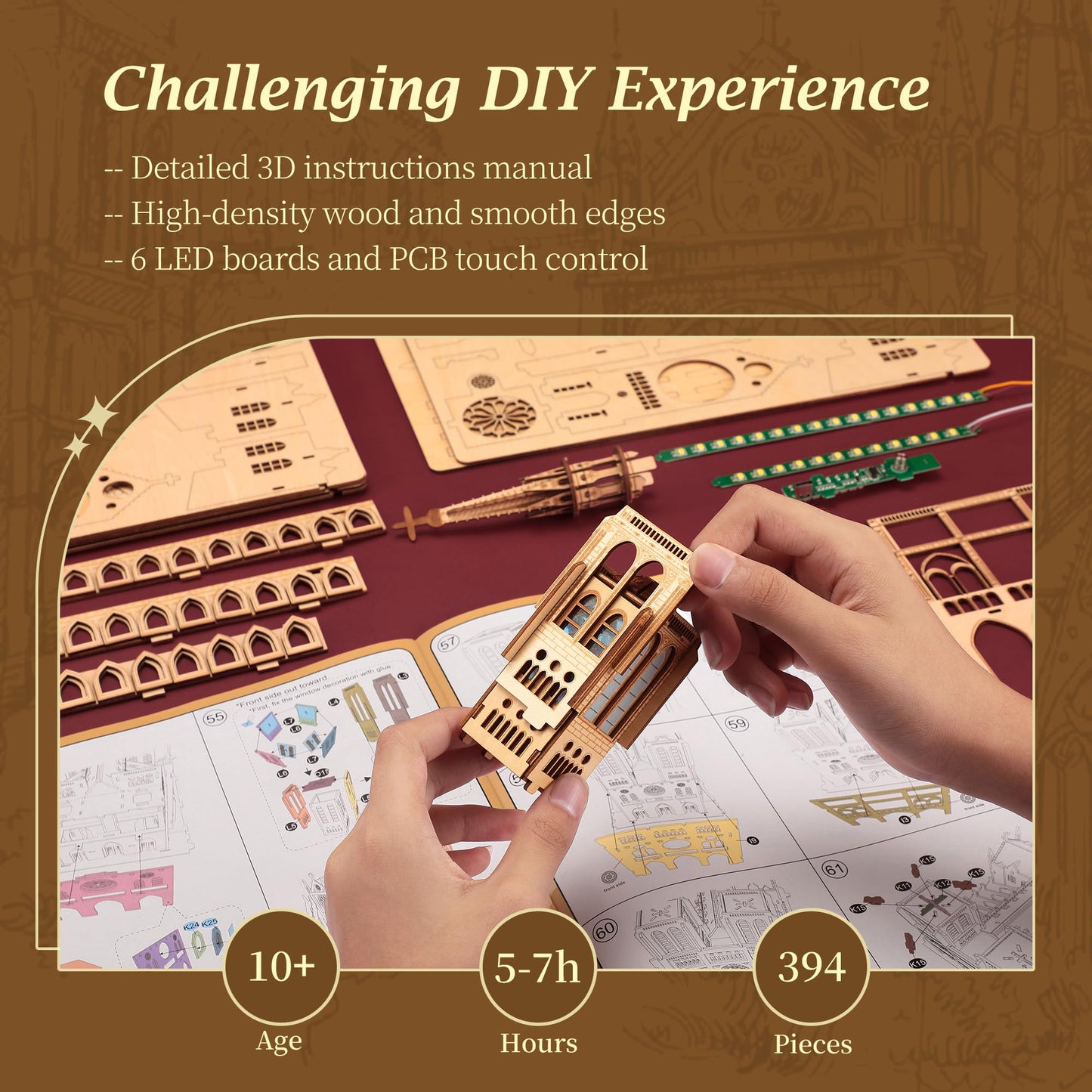 FUNPOLA LED 3D Wood Puzzle - Notre Dame de Paris Architecture Model-Night Edition with LED Lighting- DIY Building Model Craft Kit, Architecture Building Set