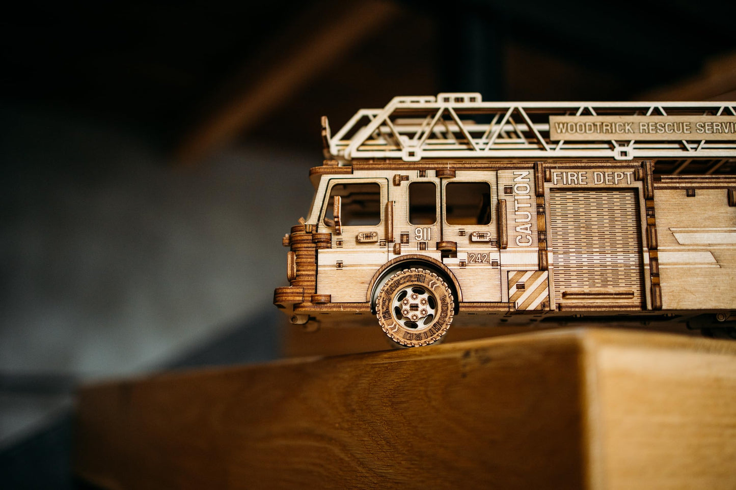 Wood Trick Rescue Firetruck Movable - Rotating Extendable Ladder - 3D Wooden Puzzles for Adults to Build - Rides up to 20 ft - Wooden Models Engineering DIY Project Mechanical Model Kit