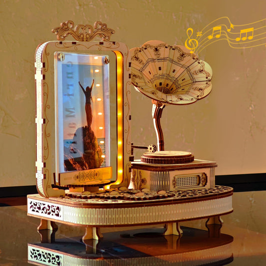 KWASVLYA 3D Wooden Gramophone - Dual-Motion Music Box & Rotating Photo Frame with LED Lights | Vintage Gram-Style Memory Display | 3-Hour Assembly Puzzle (Holds 3x5 Photos)