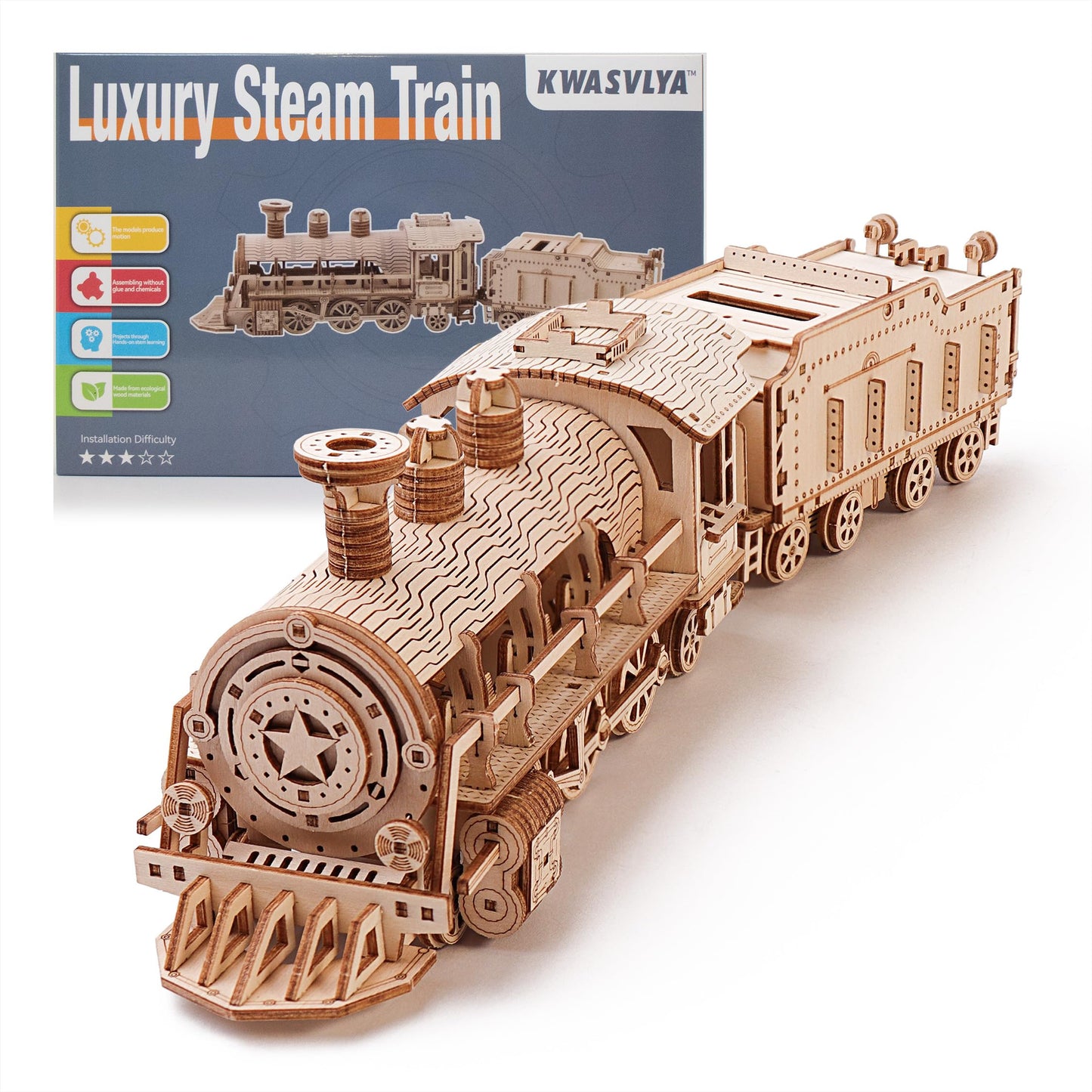 KWASVLYA 3D Wooden Puzzles, Wooden Puzzles Train for Adults and Teens, Educational Brain Teaser Assembly 3D Model Trains, Gifts for Christmas/Birthday（Luxury Steam Train）