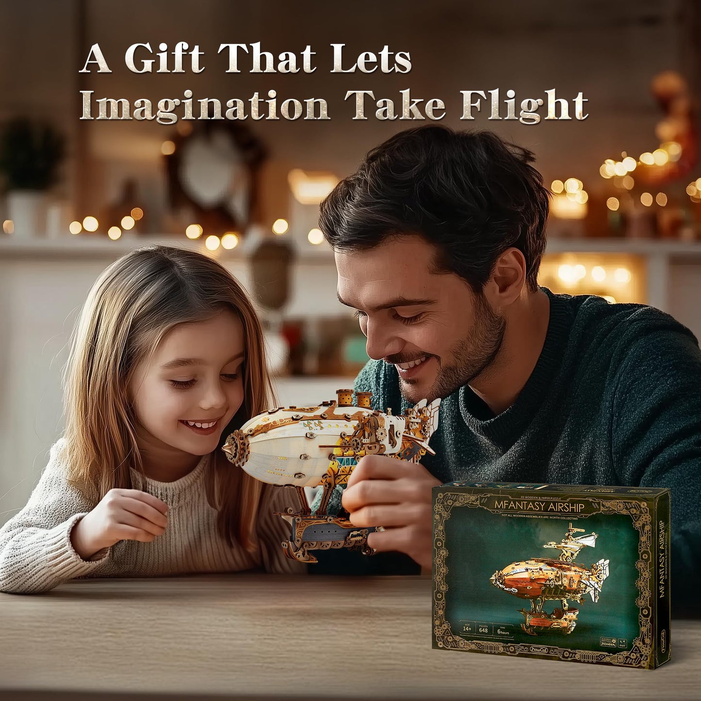 FUNPOLA LED 3D Wood Puzzle Fantasy Airship Model - Steampunk DIY Craft Kit with LED Lights – Intricate Wooden Airship Model Building Set for Teens and Adults(White)