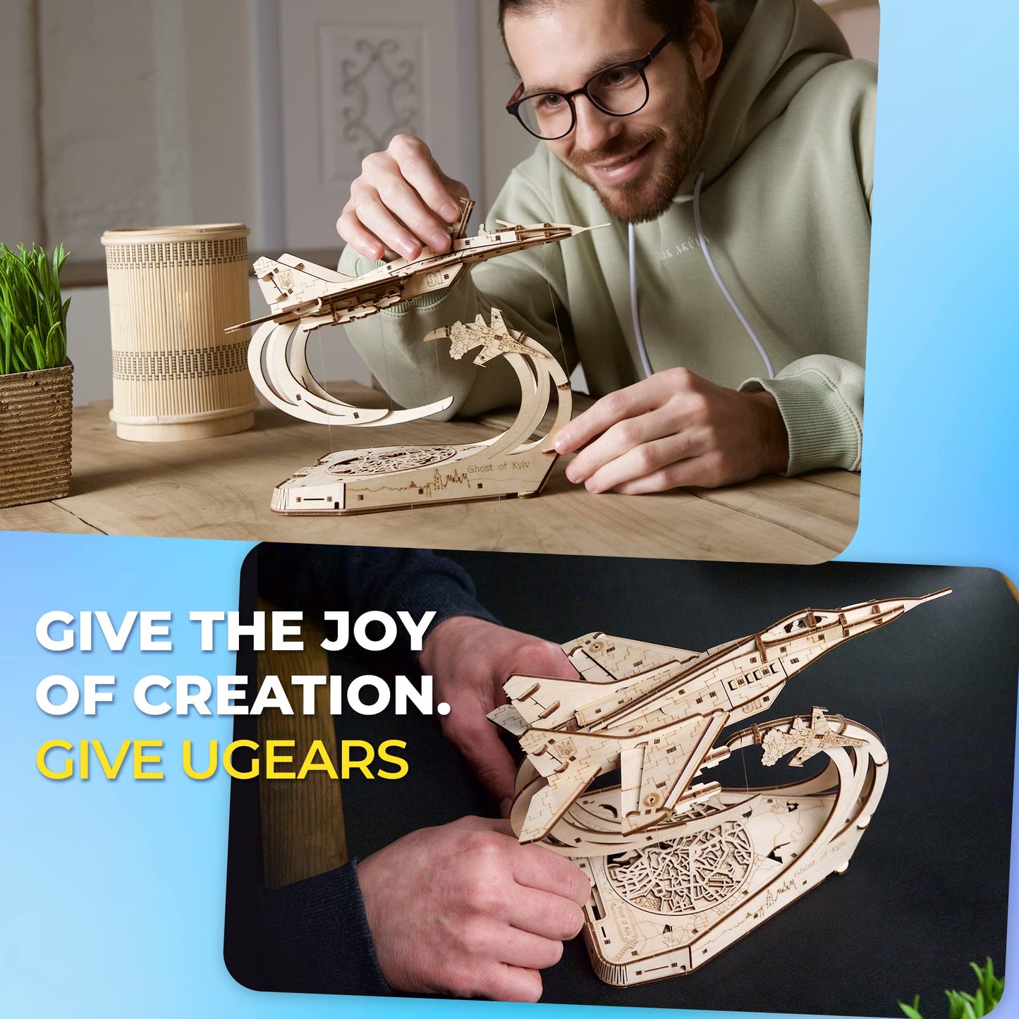 UGEARS Wooden Airplane Model Kits - The Ghost of Kyiv Ukrainian Fighter Jet Model Kit with Movable Ailerons, Wing Flaps & Tail Rudders - MiG-29 Military Aircraft - 3D Puzzles for Adults