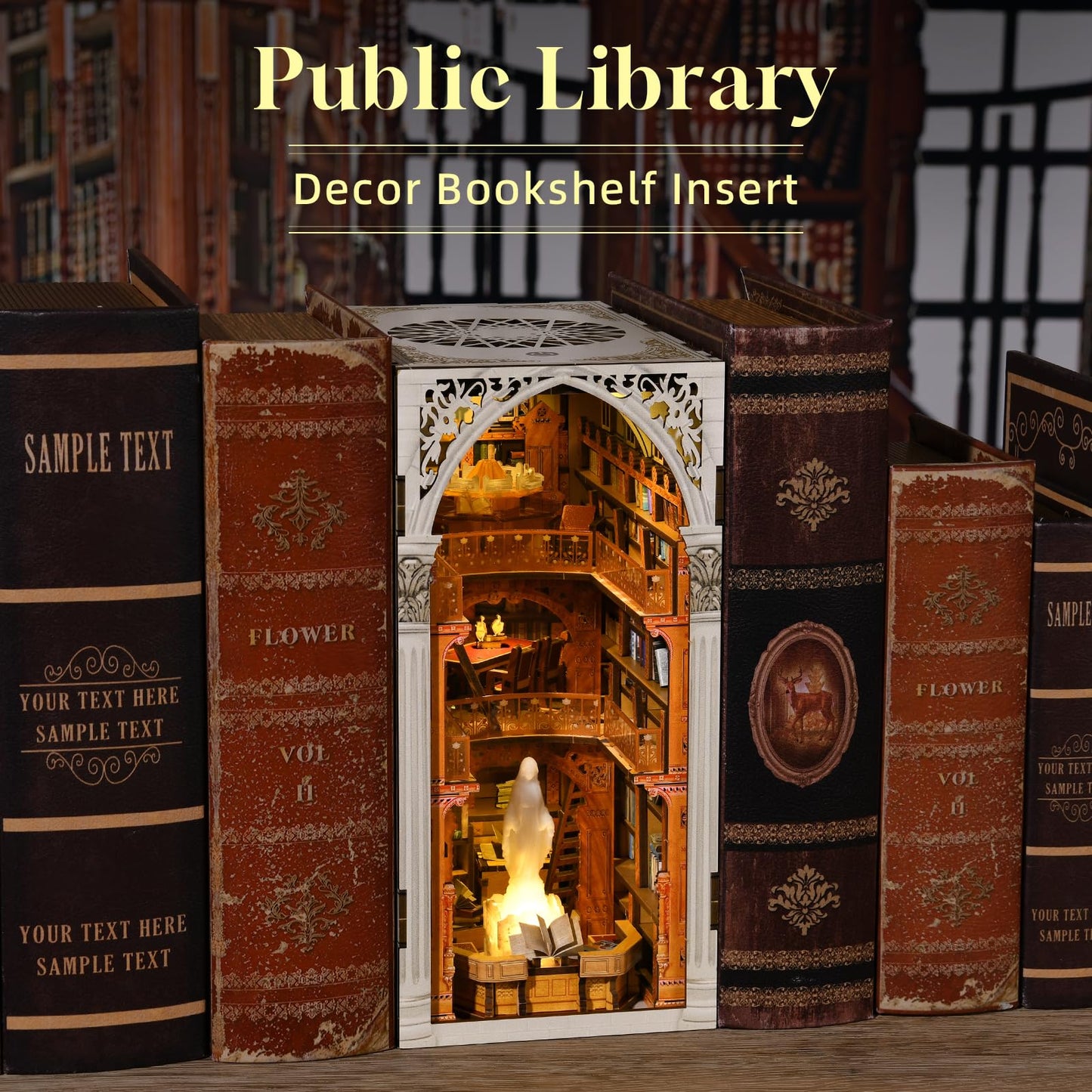 CCCDF Book Nook Kit, DIY Miniature House Kit 3D Wooden Puzzle for Adults Booknook Kit with Dust Cover Book Decor Bookshelf Decoration Decorative Bookends Women Craft Gifts for Teens (Public Library)