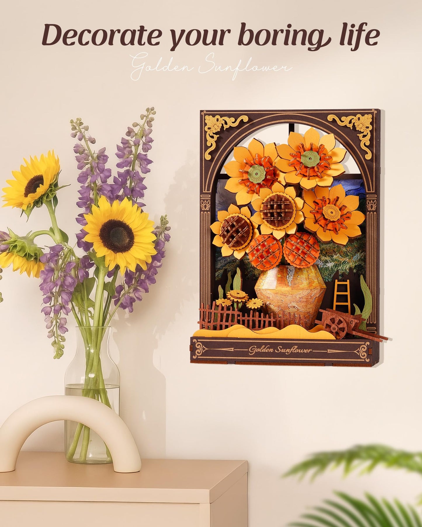 Wowood 3D Wooden Puzzles for Adults - Van Gogh Golden Sunflower DIY Model Building Kits with LED Light - Home Decor, Wall Art & Unique Creative Gifts for Art Lovers