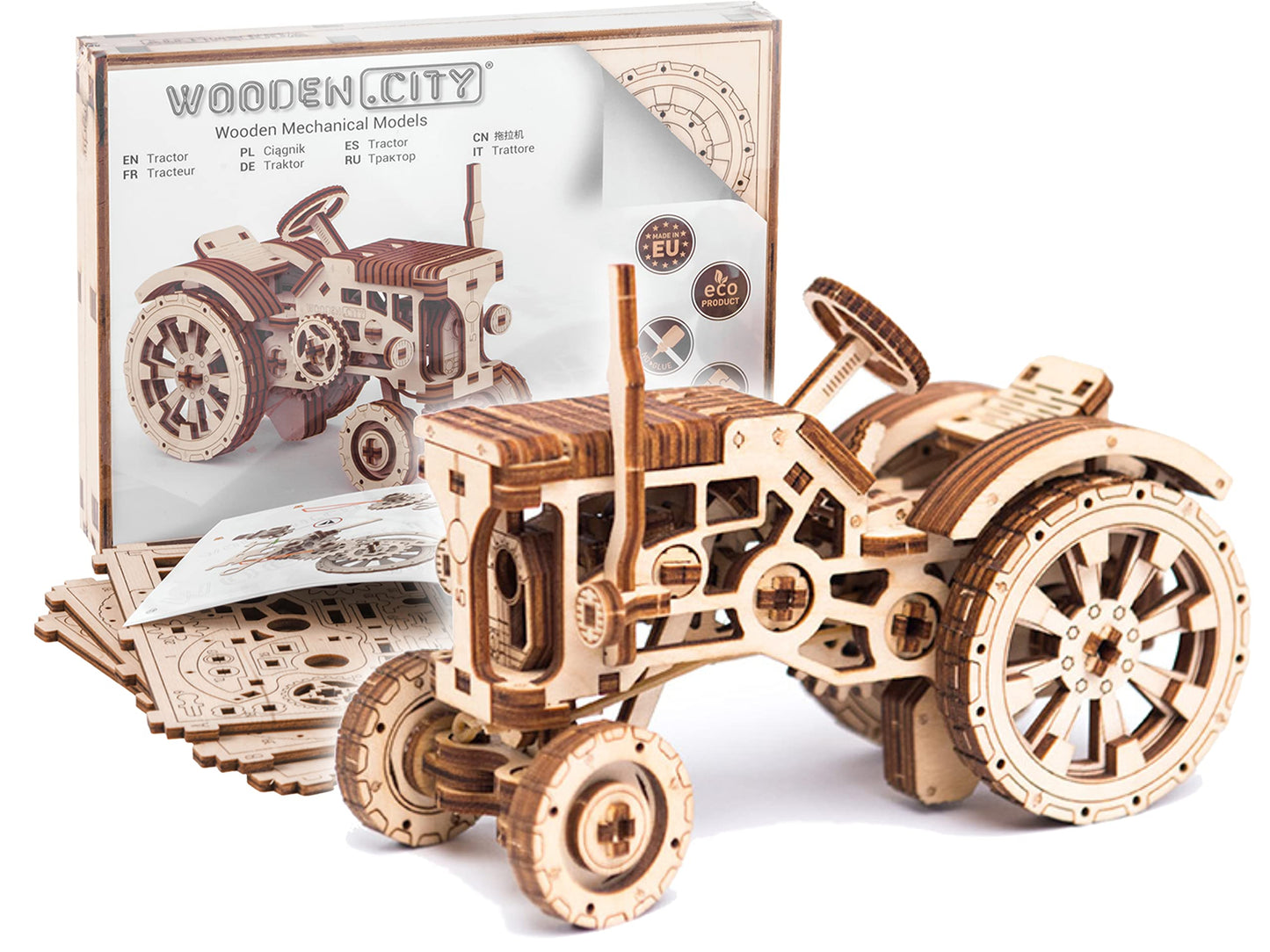 WOODEN.CITY Tractor 3D Wooden Puzzle Kit – Mechanical Farm Tractor Model for Adults & Teens, 148-Piece DIY Kit with Moving Wheels, Made in EU