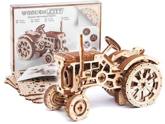 WOODEN.CITY Tractor 3D Wooden Puzzle Kit – Mechanical Farm Tractor Model for Adults & Teens, 148-Piece DIY Kit with Moving Wheels, Made in EU
