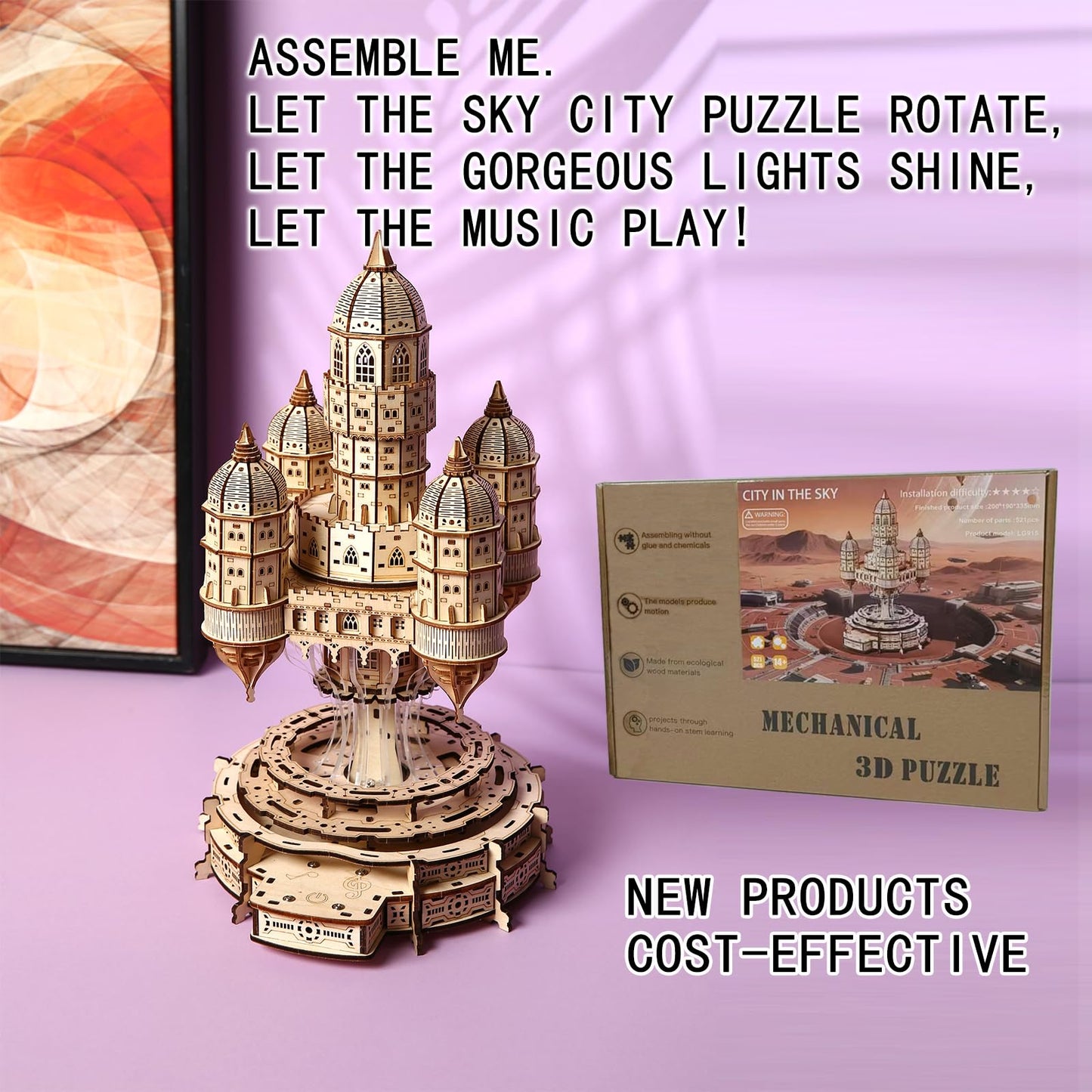 3D Wooden Castle Music Box Puzzle Kit, 521 Pieces LED Light DIY Mechanical Model Building Kit for Adults & Teens,Unique Creative Gift Idea