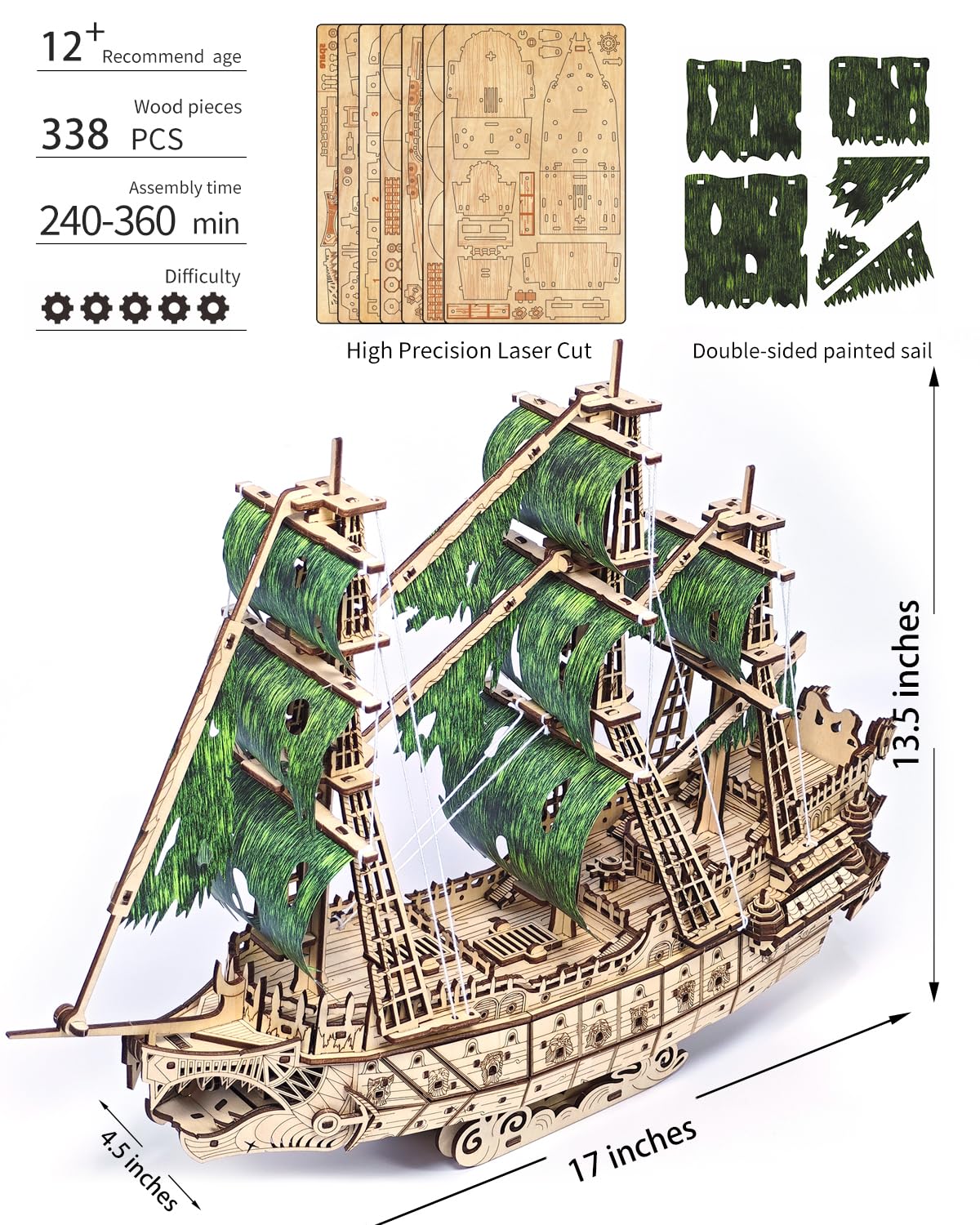 Challenging Flying Dutchman 3D Wooden Puzzles for Adults Pirate Ship Model Kit to Build - Ideal Christmas or Birthday Gift for Puzzle Enthusiasts
