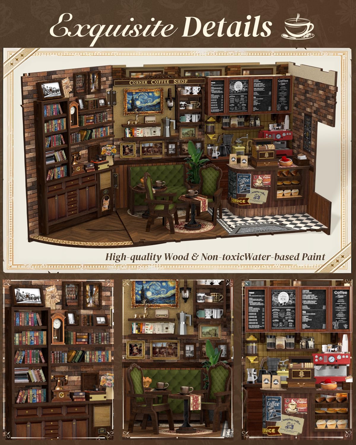 Cutefun Book Nook Kit - DIY Miniature Doll House Kit, Book Nook Kits for Adults, 3D Wooden Puzzle Bookend Bookshelf with LED Light for Cafe Crafts Lovers (Corner Coffee Shop)