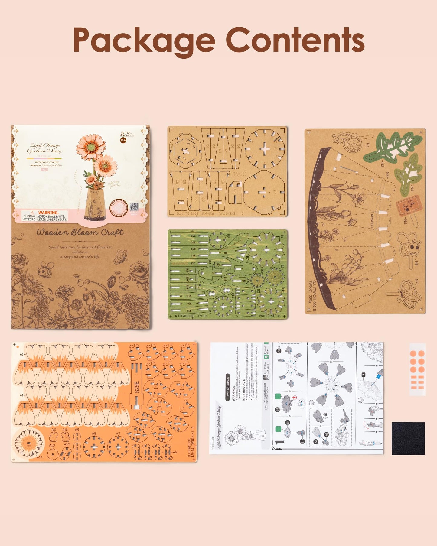 ROBOTIME 3D Puzzle Light Orange Gerbera Daisy TW111, DIY Wooden Flower Craft, Artificial Flowers Model Kit to Assemble for Adults, Home Decoration and Valentine's Day Toy Gift Set