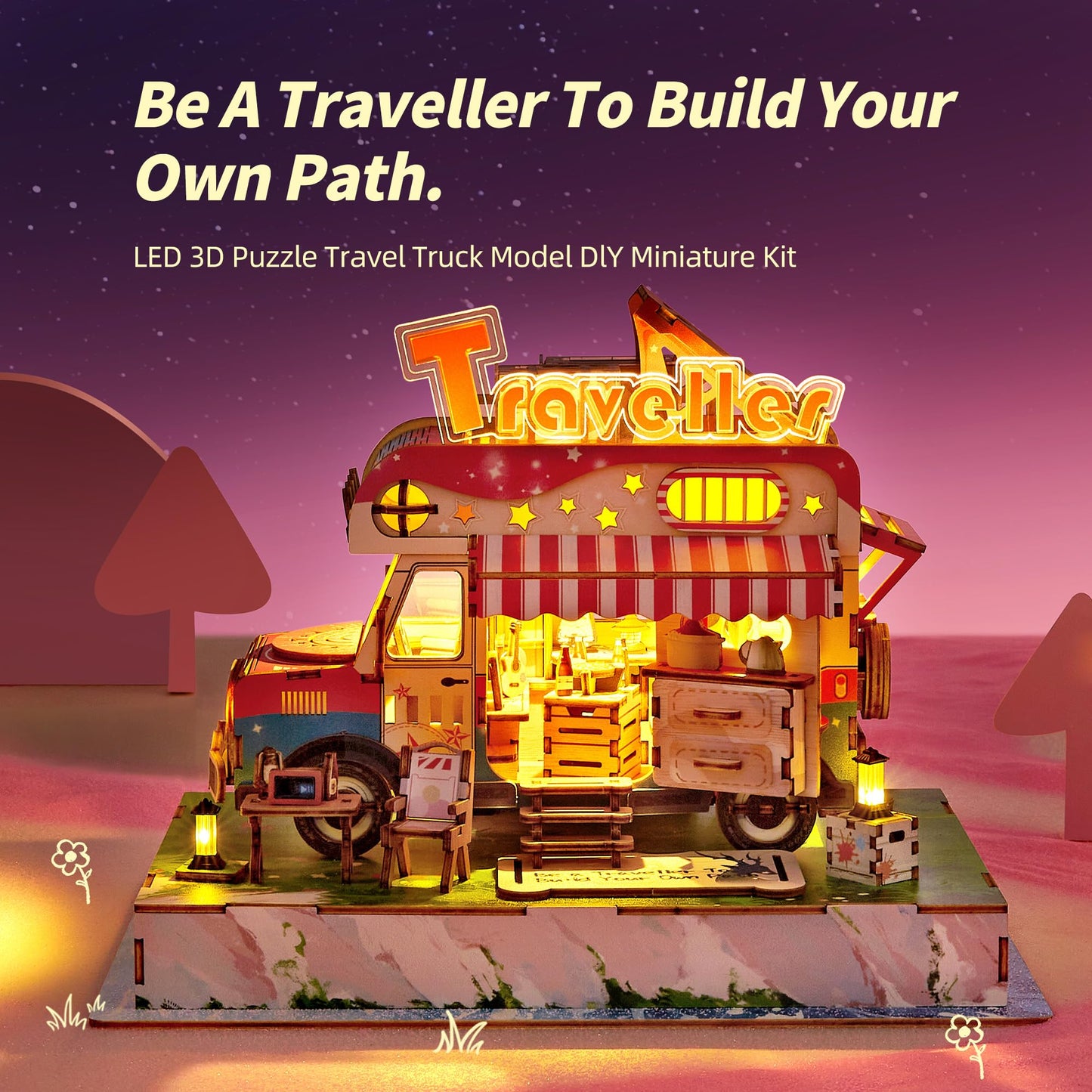 FUNPOLA 3D Wood Puzzle Travel Truck Model - DIY Miniature Adventure Truck Kit with LED Lights - Creative Gift for Kids and Adults (Camper Truck)