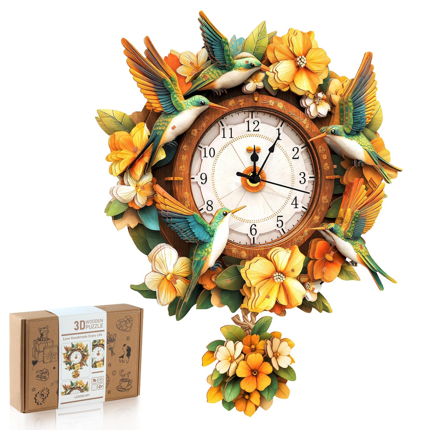 Rnfinewow 3D Wooden Puzzles for Adults, Hummingbird Clock with Pendulum Model Kit, 3D Puzzles for Adults Room Home Decor DIY Wall Clock Kit, Holiday Birthday Christmas Gifts for Men Women Teens