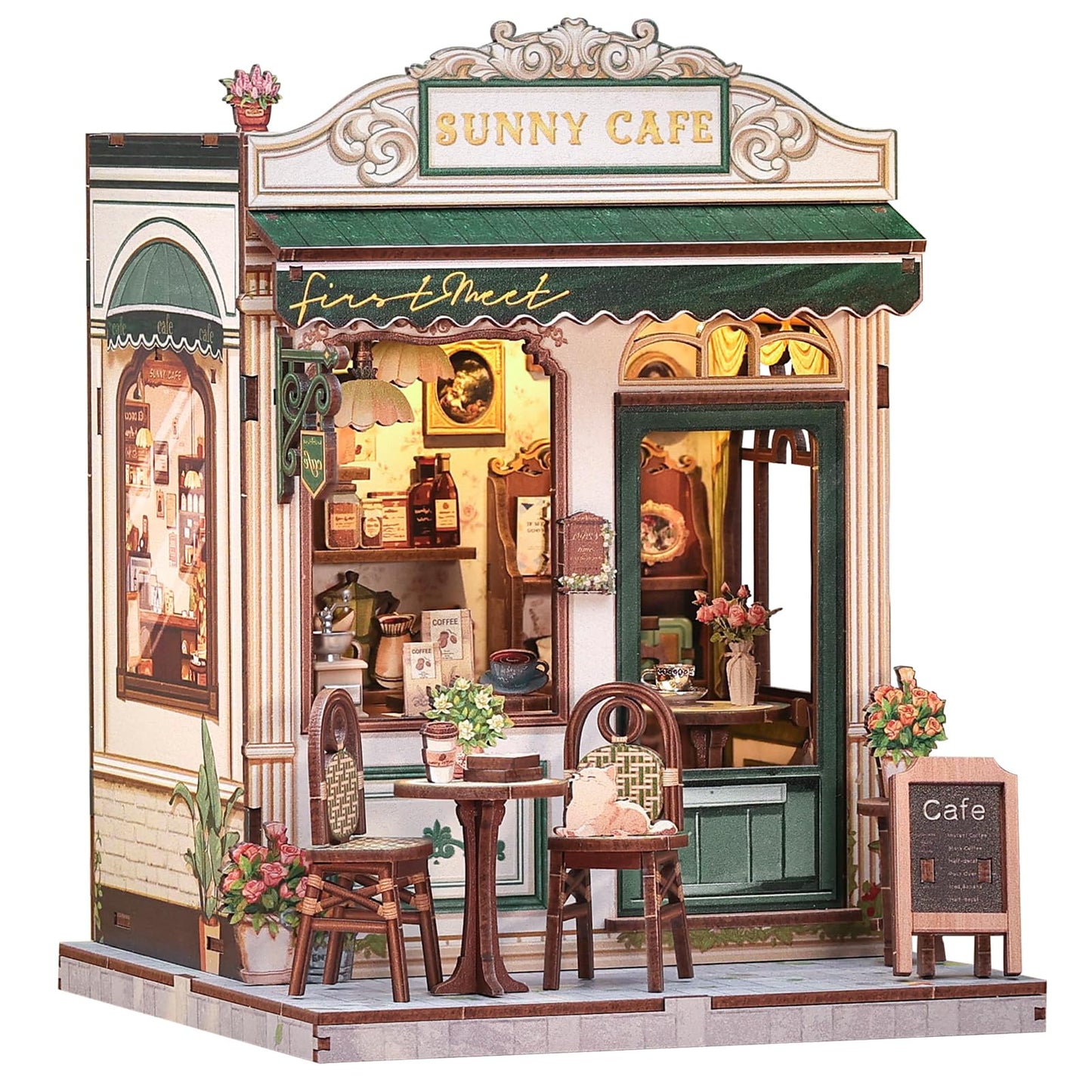 Cutefun Book Nook Kit - DIY Miniature Coffee Shop Dollhouse Kit for Adults and Teens, 3D Wooden Cafe Puzzle Mini House Building Kit with LED Bookshelf Insert Decor Creative Gifts (Sunny Cafe)