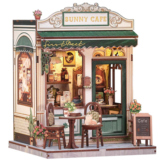Cutefun Book Nook Kit - DIY Miniature Coffee Shop Dollhouse Kit for Adults and Teens, 3D Wooden Cafe Puzzle Mini House Building Kit with LED Bookshelf Insert Decor Creative Gifts (Sunny Cafe)