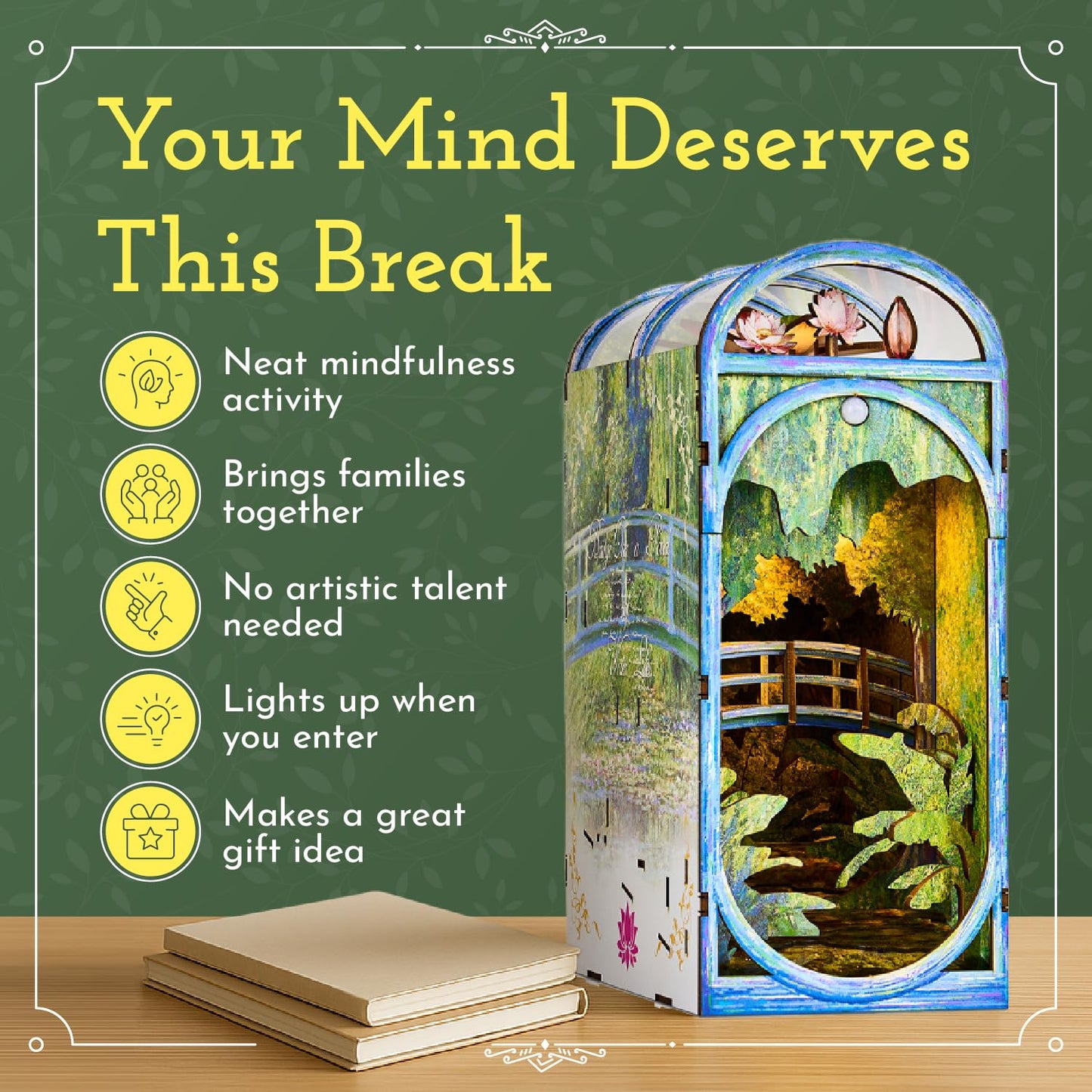 DIY Book Nook Kit - Monet Mini House Building Book Nook Kits for Adults - Wooden 3D Puzzle Bookshelf Accessory for Artisans - Perfect DIY Miniature House Kit & Creative Bookends Gift for Book Lovers