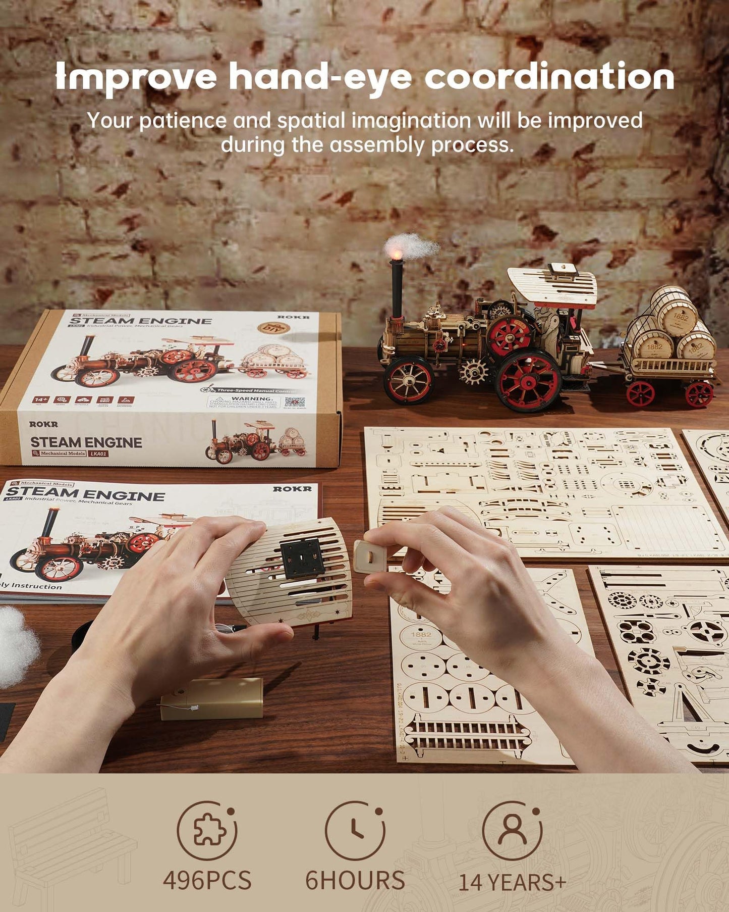 ROKR 3D Puzzle for Adults 469pcs Electric Vintage Car Steam Engine Model Kits, Mechanical Wooden Assembly Puzzles Vehicle DIY Hobbies Christmas Gifts for Men Women