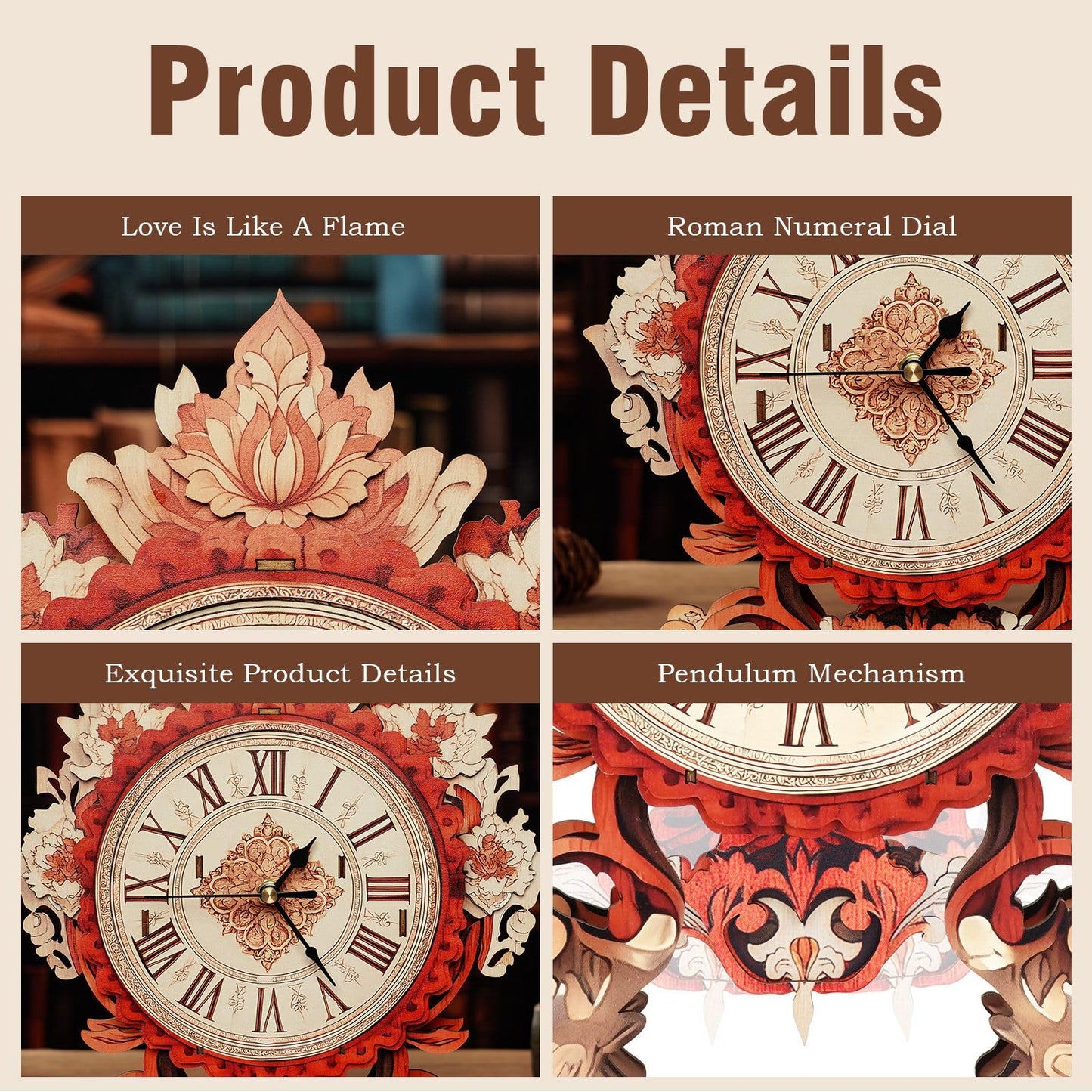 Jollitot 3D Puzzles for Adults Flame Flower Wall Clock Wooden Model DIY Kit Puzzle Clock Birthday Gifts for Men Woman Home Decor Christmas