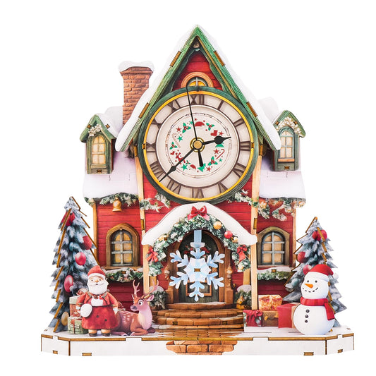 KAAYEE 3D Puzzle for Adult, Wooden Christmas Snow Cabin Pendulum Clock Puzzle Kit, 73 PCS DIY Vintage Wall Clock, Creative Craft Gift for Birthday Xmas Home Decor (Battery Not Included)