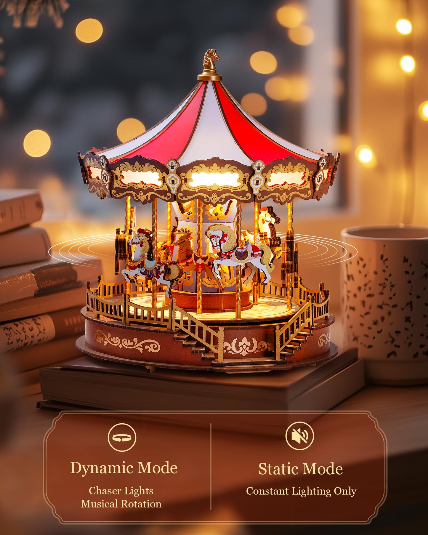 Rolife Wooden 3D Puzzles for Adults, DIY Carousel Music Box with Chaser Lights 11.6" Model Building Kit, Construction Project Craft Kits for Adults Hobby Home Decor Chiristmas Gifts for Boys Girls