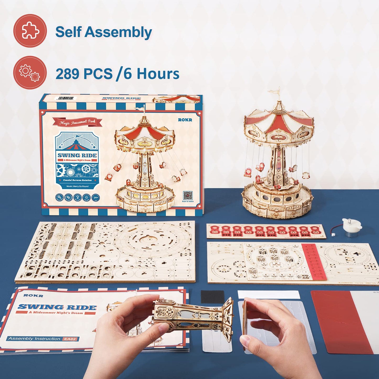 ROKR 3D Puzzles Wooden Music Box Kit with LED, Rotating Swing Ride Mechanical Model Kit DIY Wood Craft Hobbies Kit for Adults Birthday for Adults