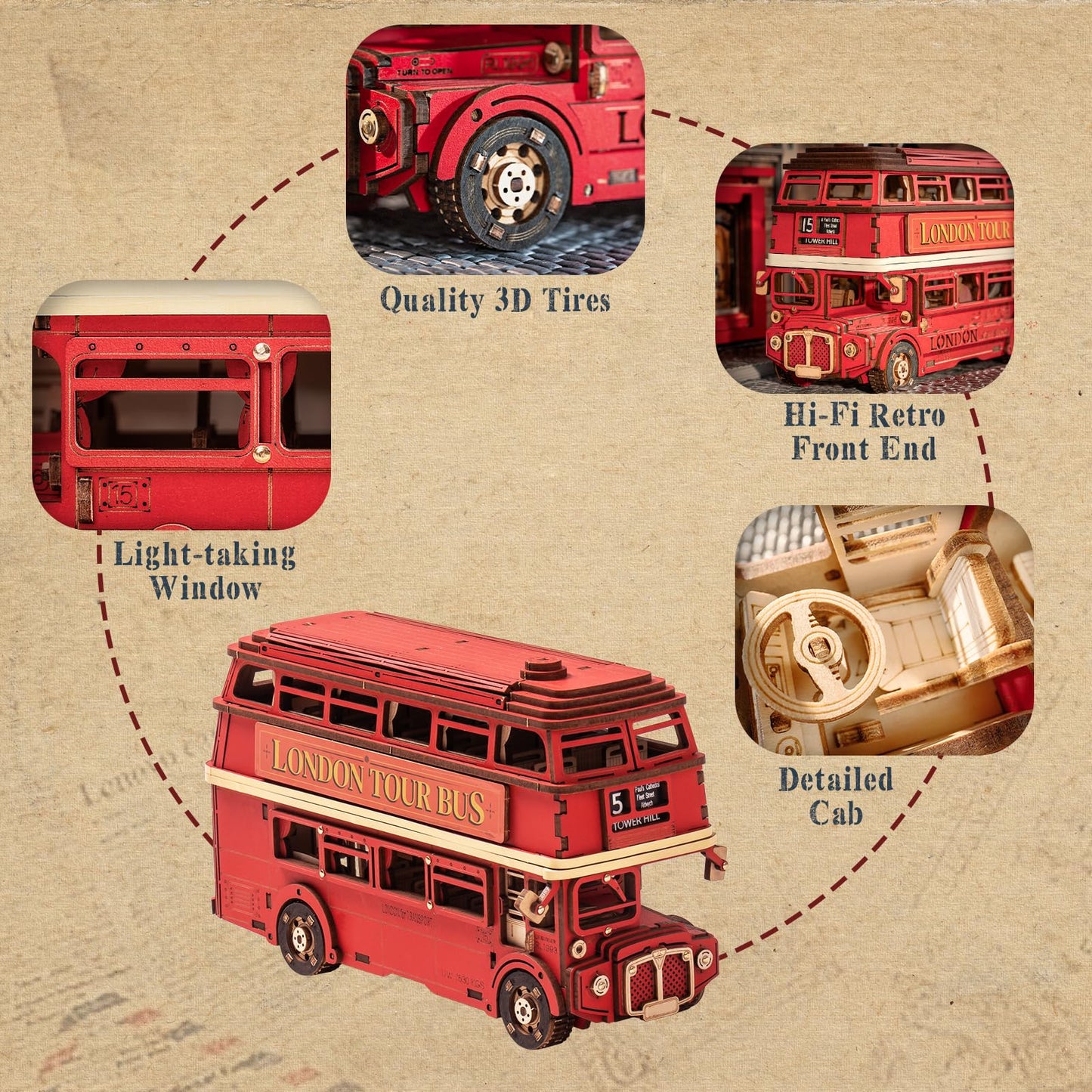 ROBOTIME 3D Puzzles for Adults Wooden Puzzle London Tour Bus DIY Model Kit to Build Educational Brain Teaser Toy for Craft Decor Gift