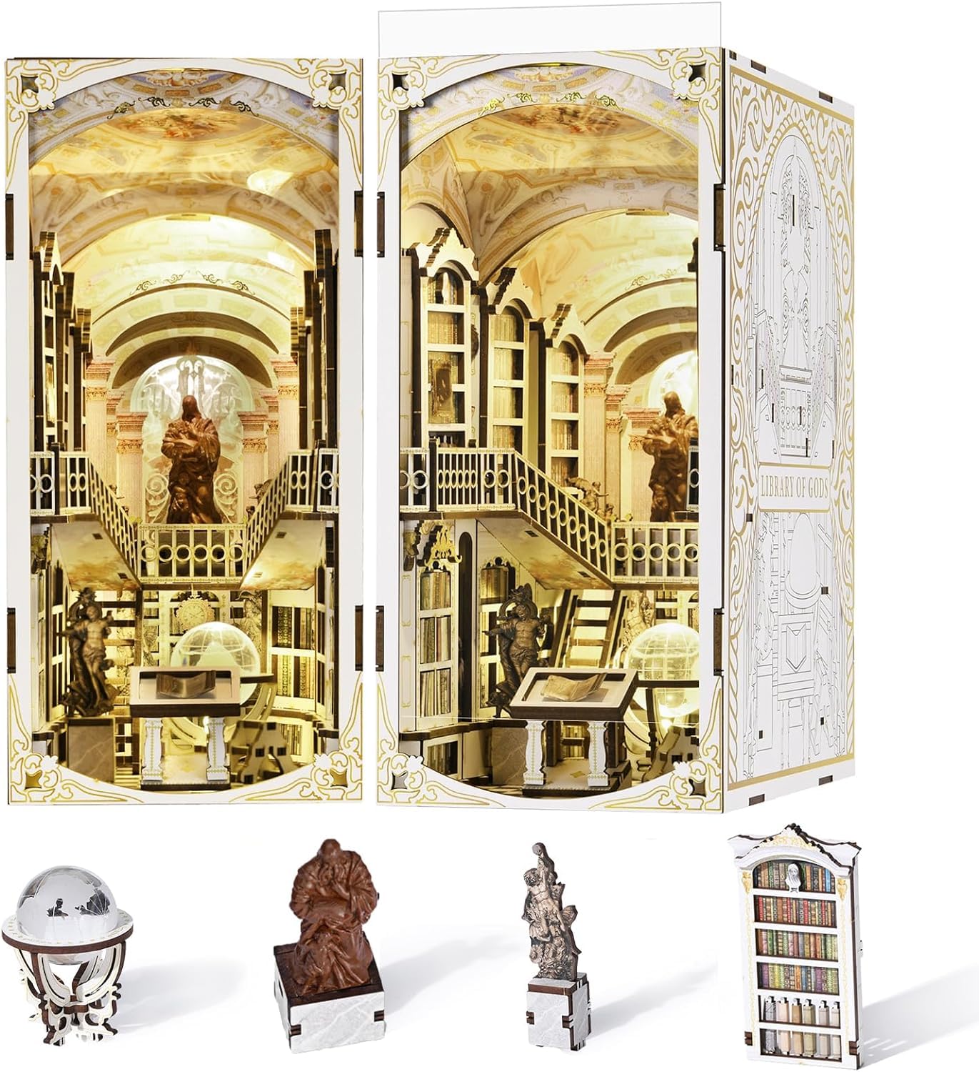 CCCDF Book Nook Kit, DIY Miniature Dollhouse Booknook Kit, 3D Wooden Puzzle Bookend Bookshelf Insert Decor with LED Light for Teens and Adults (Library of Gods)