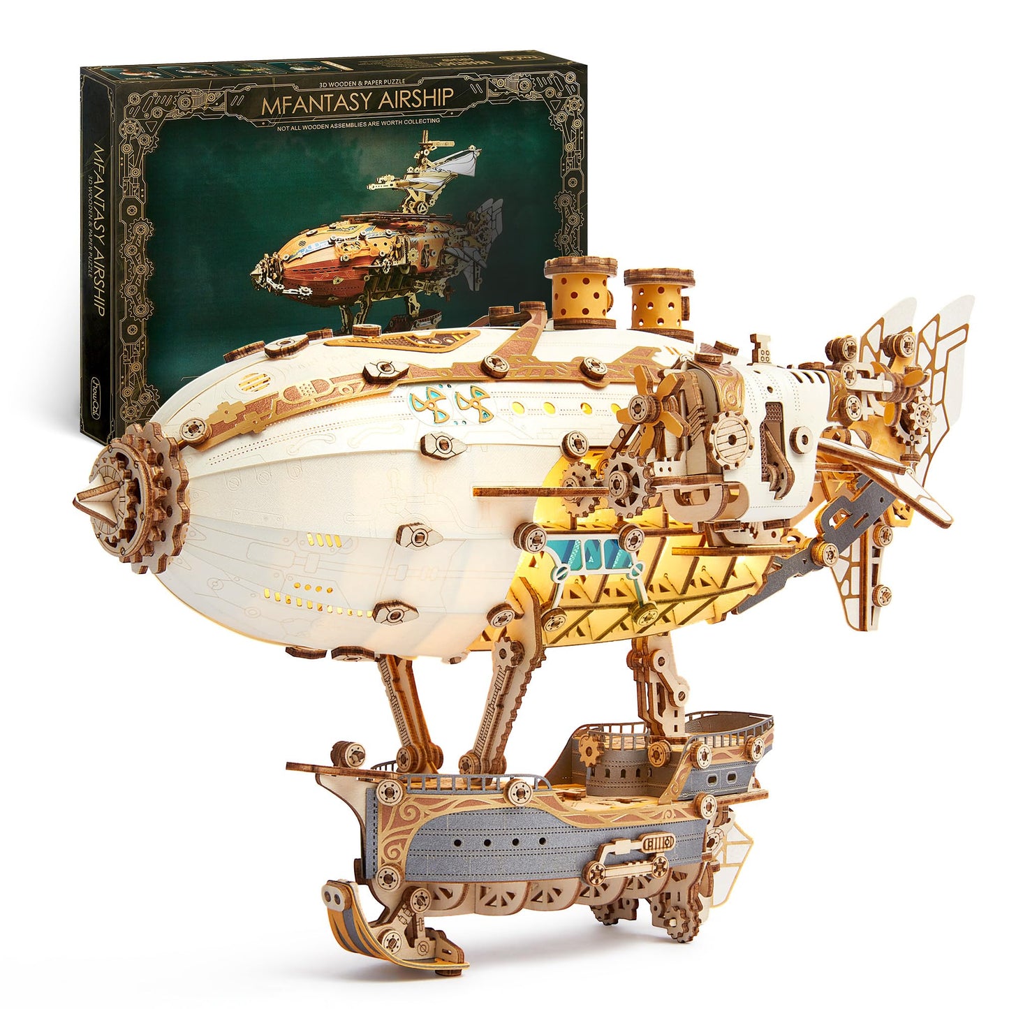 FUNPOLA LED 3D Wood Puzzle Fantasy Airship Model - Steampunk DIY Craft Kit with LED Lights – Intricate Wooden Airship Model Building Set for Teens and Adults(White)