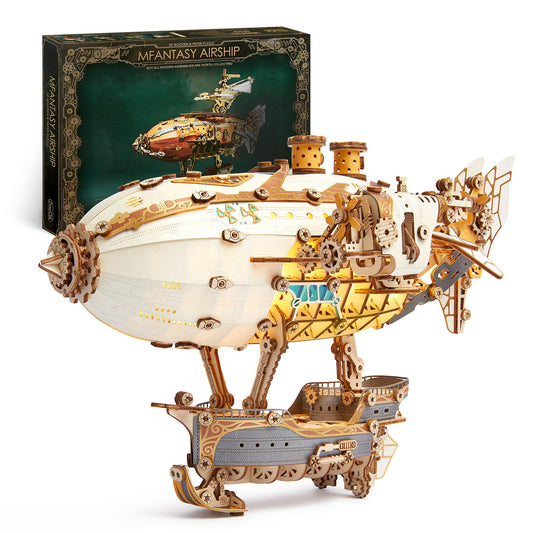 FUNPOLA LED 3D Wood Puzzle Fantasy Airship Model - Steampunk DIY Craft Kit with LED Lights – Intricate Wooden Airship Model Building Set for Teens and Adults(White)