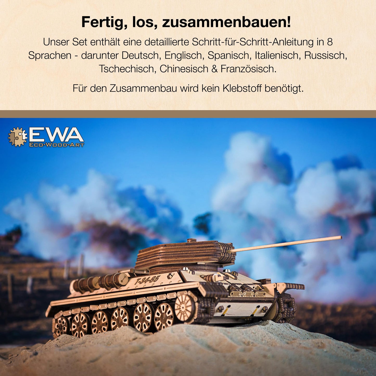 3D Wooden Puzzles for Adults - DIY T-34-85 Tank 3D Puzzle Model Kit with Rubber Band Engine, Rolling Wheels & Rotating Cannon - 3D Wooden Puzzle for 15 yrs Above & Adults - Eco Wood Art, 965 Pieces