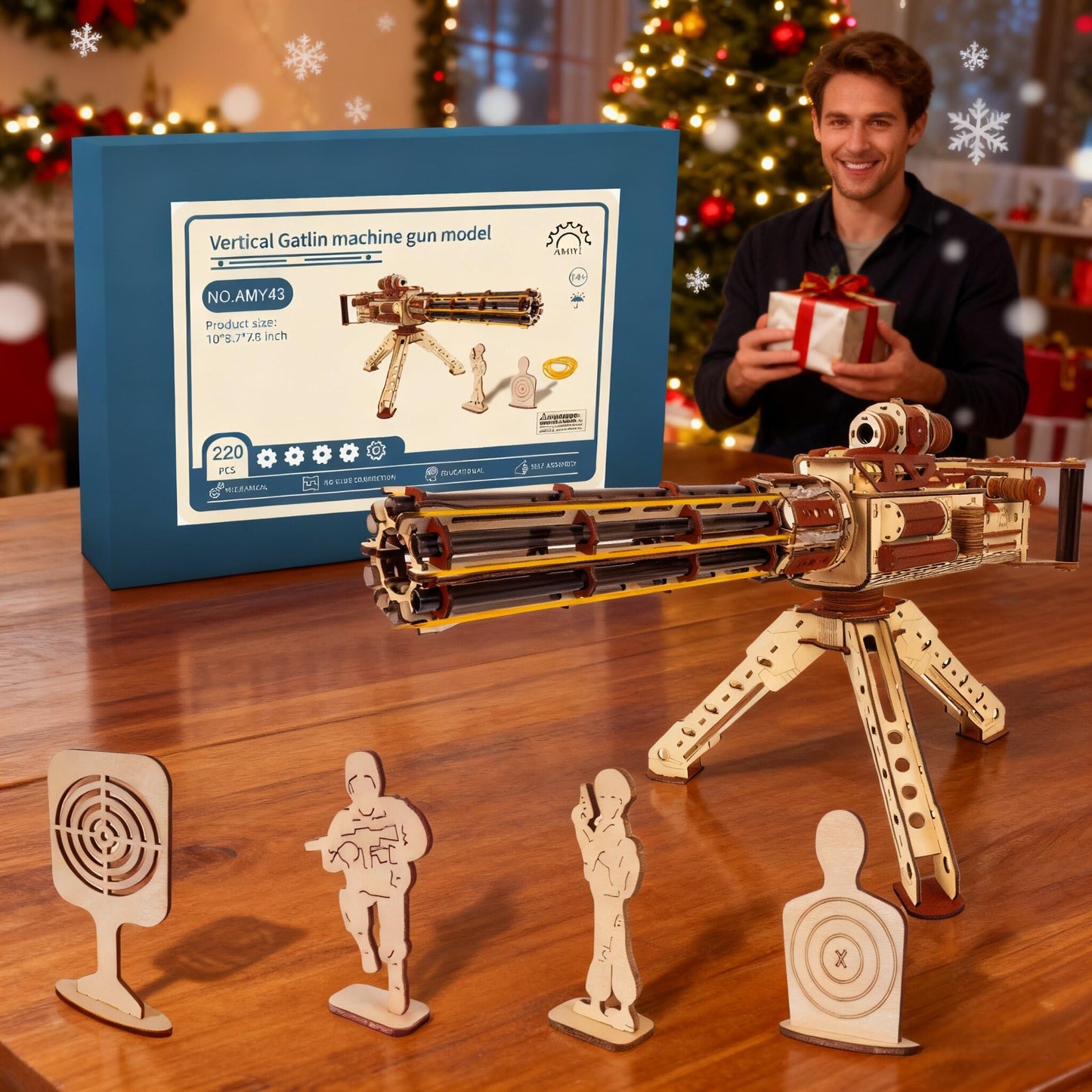 3D Wooden Puzzles Model for Adults,344 Piece Wooden Puzzle Machine Gun with Rubber Bands,Gatling Toy Gun DIY Kits for Adults Teens, Cool Craft Hobby Kits Gifts for Men Boys