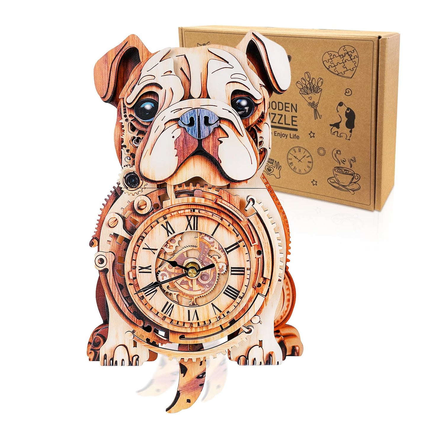 Cutywood 3D Puzzle for Adults Bulldog Clock - Mechanical DIY Wall Clock Kit Model Building Set Hobbies for Women Men Puzzle Home Decor & Stress Relief Craft Unique Gift for DIY Lovers